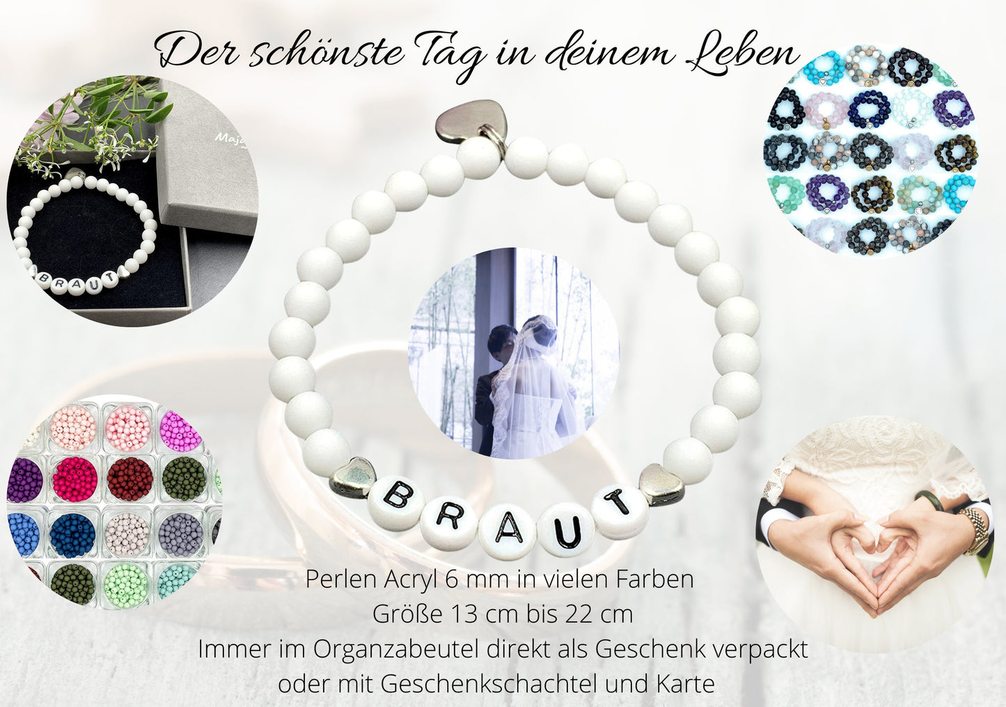 Armband Braut Weiß - Perlen Acryl 6 mm - Farbwunsch - Geschenk für Junggesellinnenabschied JGA Trauzeugin Brautjungfer - anpassbar