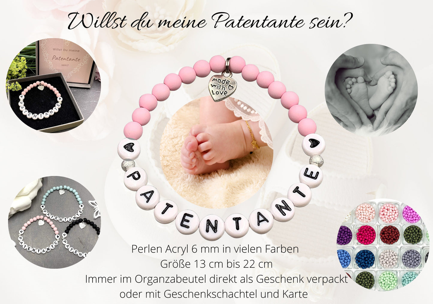 Armband Patentante Zartrosa Acrylperlen 6 mm - Geschenk Erinnerung Patenschaft und Taufe Taufgeschenk - viele Farben - Frage Patenschaft