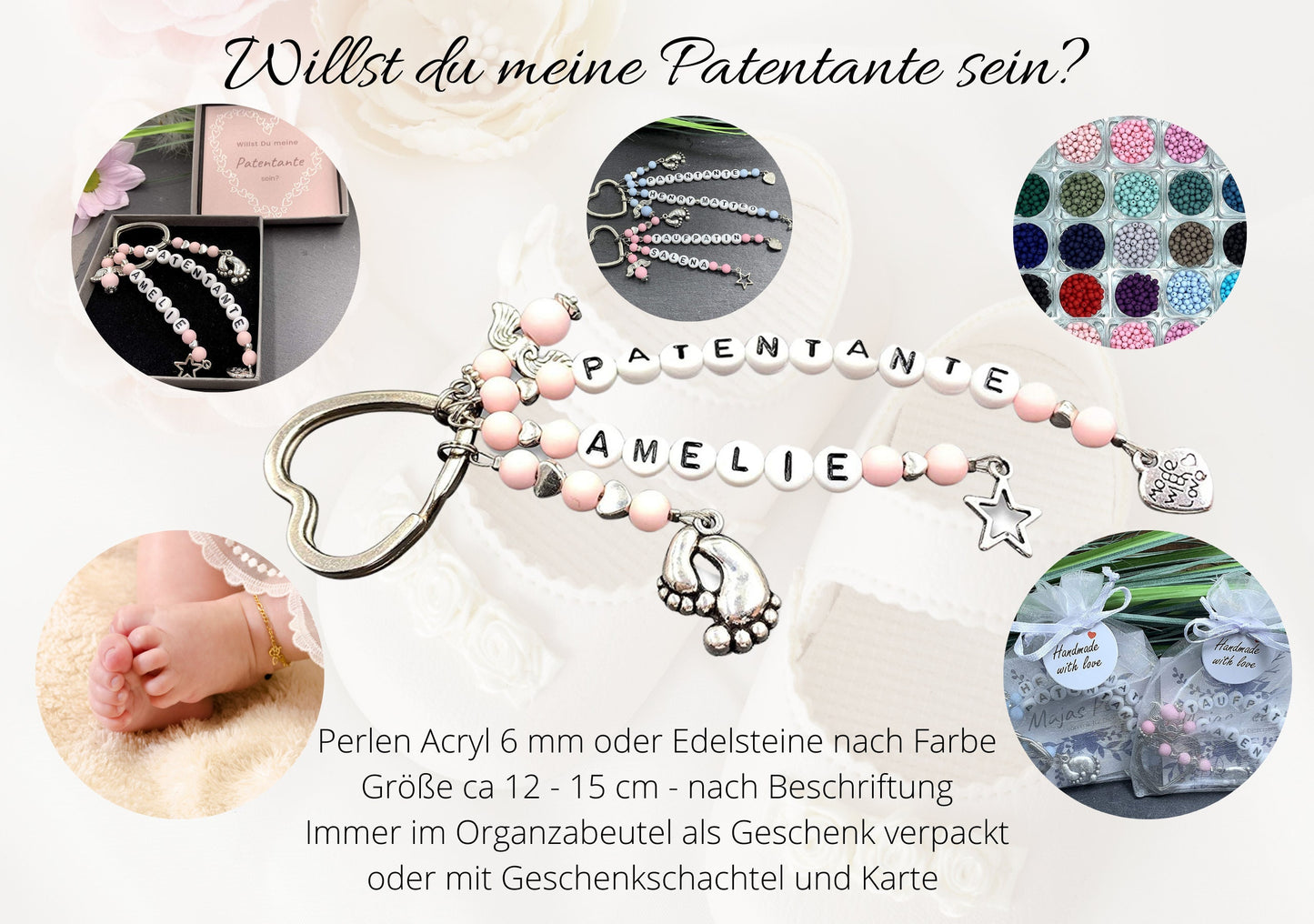 Schlüsselanhänger Patentante Acryl 6 mm Rosa - Edelsteine möglich - Willst du Patin werden? - Geschenk für Patenschaft und Taufe - anpassbar