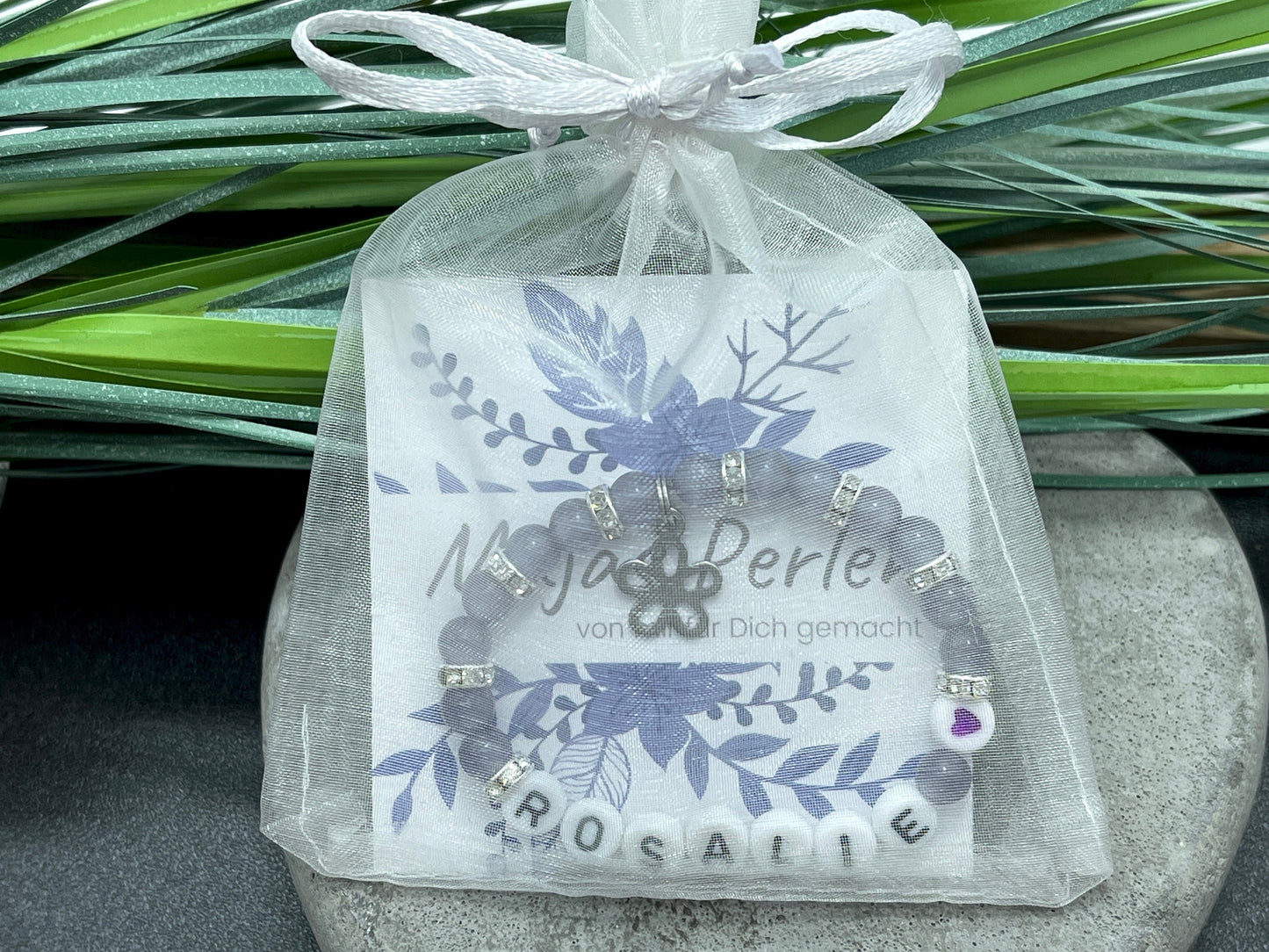 Armband mit Name Mädchen Cateyeperlen Strassrondelle Flieder - Geschenk Mädchen - Namensarmband viele Farben personalisierbar Kinderarmband