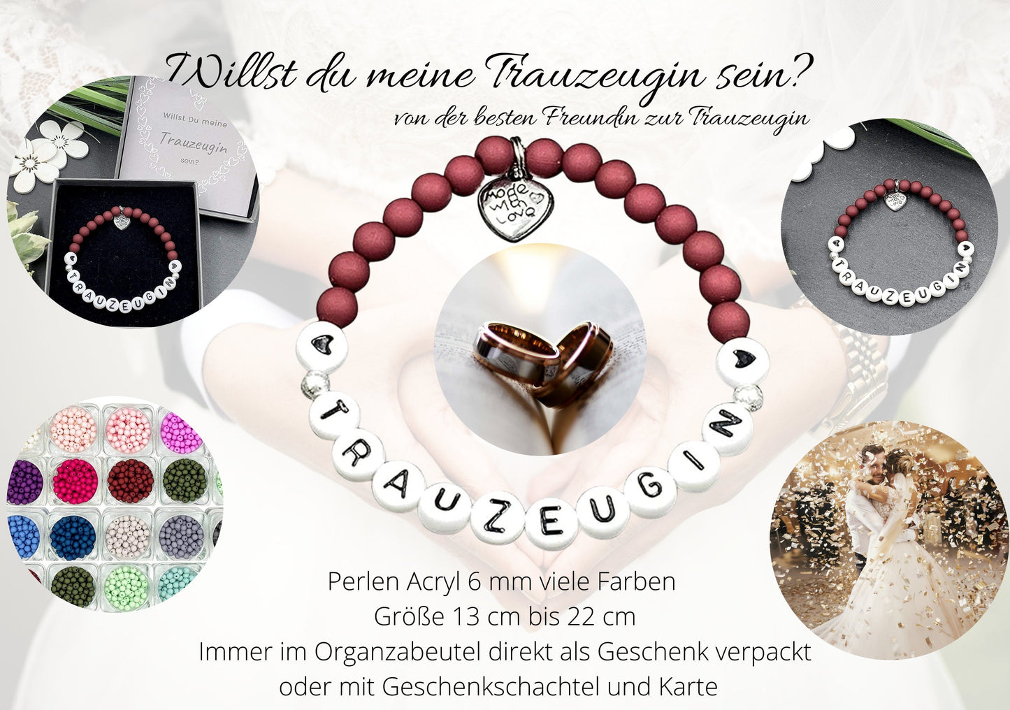 Armband Trauzeugin Bordeaux - Perlen Acryl 6 mm - Geschenk Team Braut - Willst du meine Trauzeugin sein? - Hochzeit und JGA - Wunschfarbe