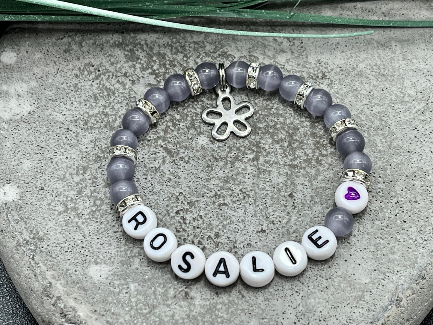 Armband mit Name Mädchen Cateyeperlen Strassrondelle Flieder - Geschenk Mädchen - Namensarmband viele Farben personalisierbar Kinderarmband