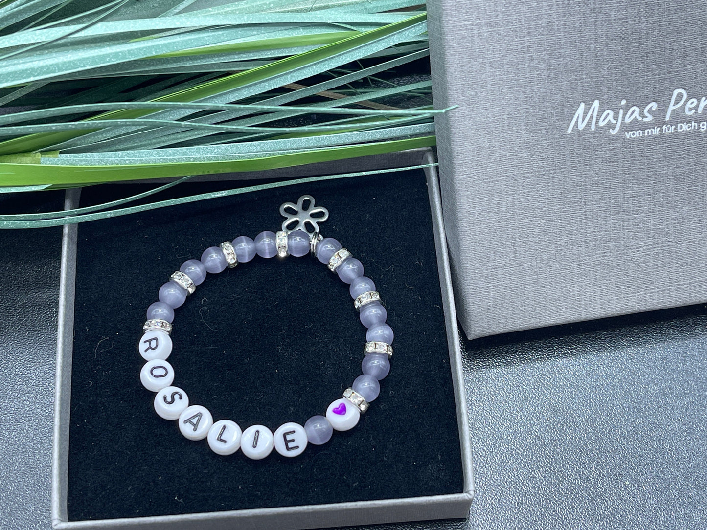 Armband mit Name Mädchen Cateyeperlen Strassrondelle Flieder - Geschenk Mädchen - Namensarmband viele Farben personalisierbar Kinderarmband