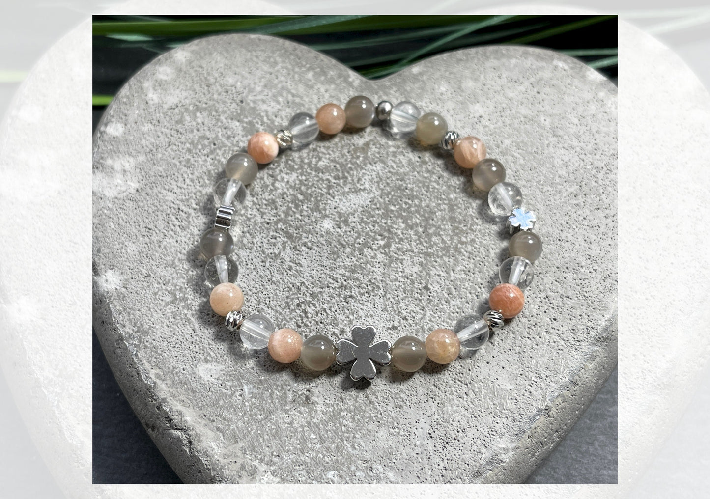 Armband schwarzer Mondstein Bergkristall Sonnenstein - Perlen echt Platiniert - Weibliche Intuition Lebensfreude Energie - Glücksarmband