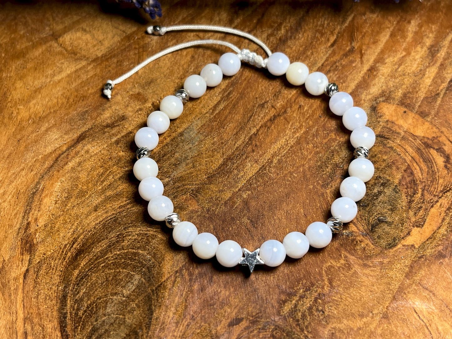 Perlenarmband Chalcedon Makramee Größen einstellbar - Stern Perle echt Platiniert - Perlenarmband Naturstein echt - personalisierbar