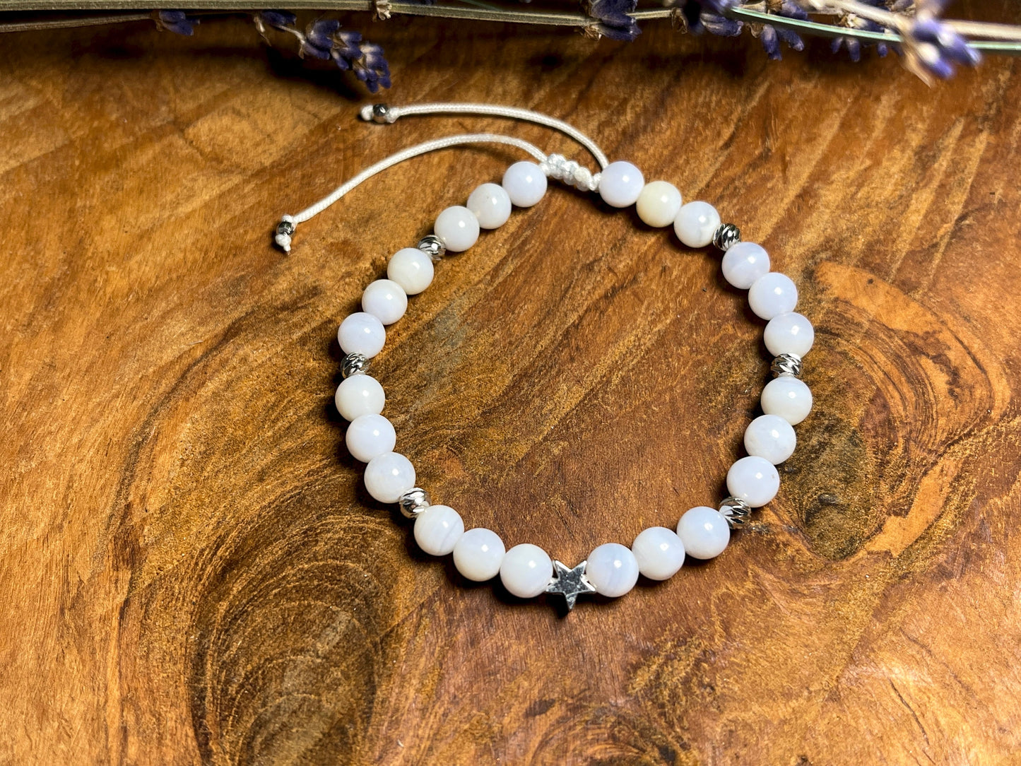 Perlenarmband Chalcedon Makramee Größen einstellbar - Stern Perle echt Platiniert - Perlenarmband Naturstein echt - personalisierbar