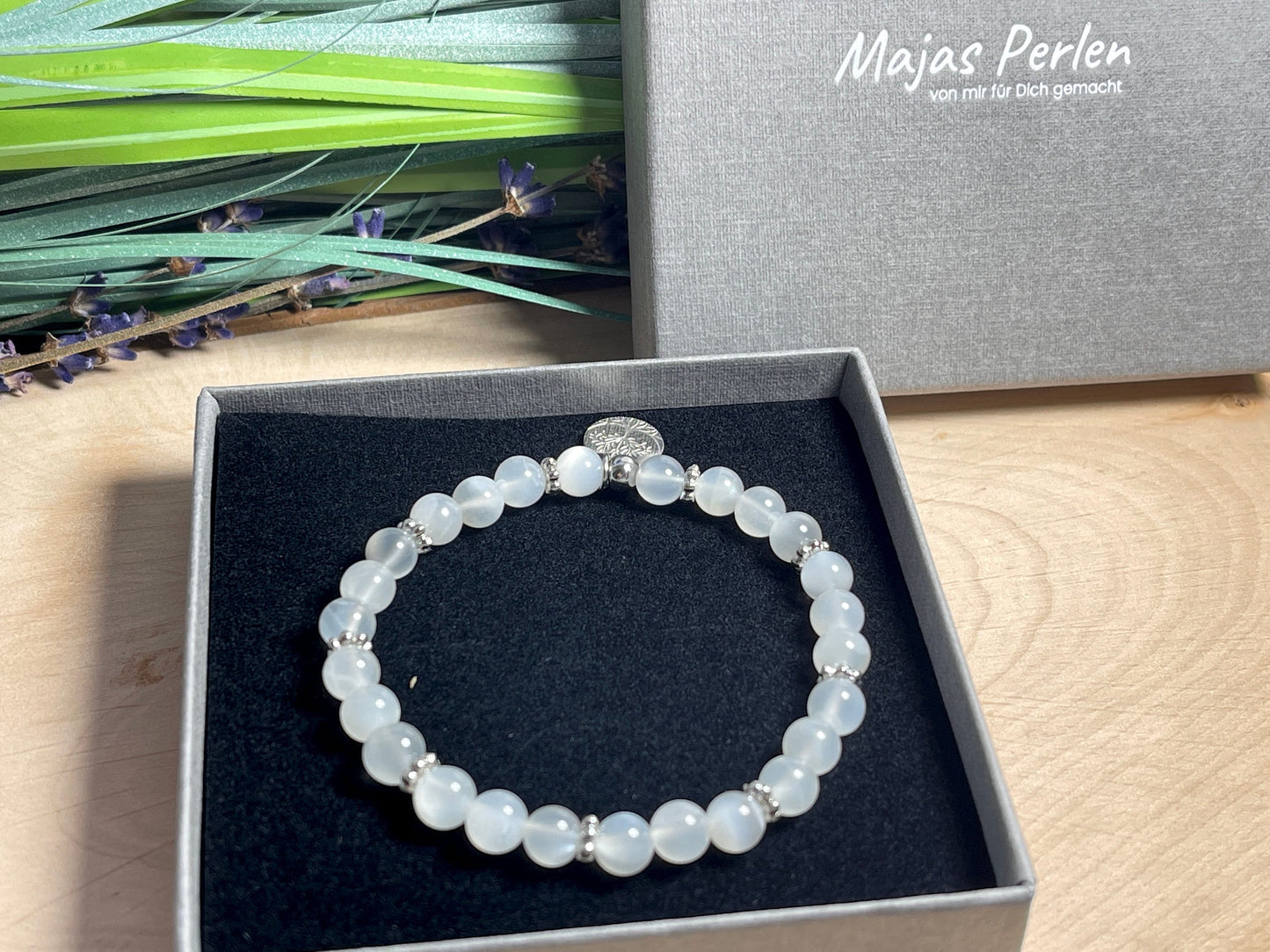 Armband Mondstein mit Lebensbaum - Daisyperle echt Platiniert - Geburtsstein Juni - Perlen 6 mm - Apatit Turmalin Bergkristall Amazonit uvm.