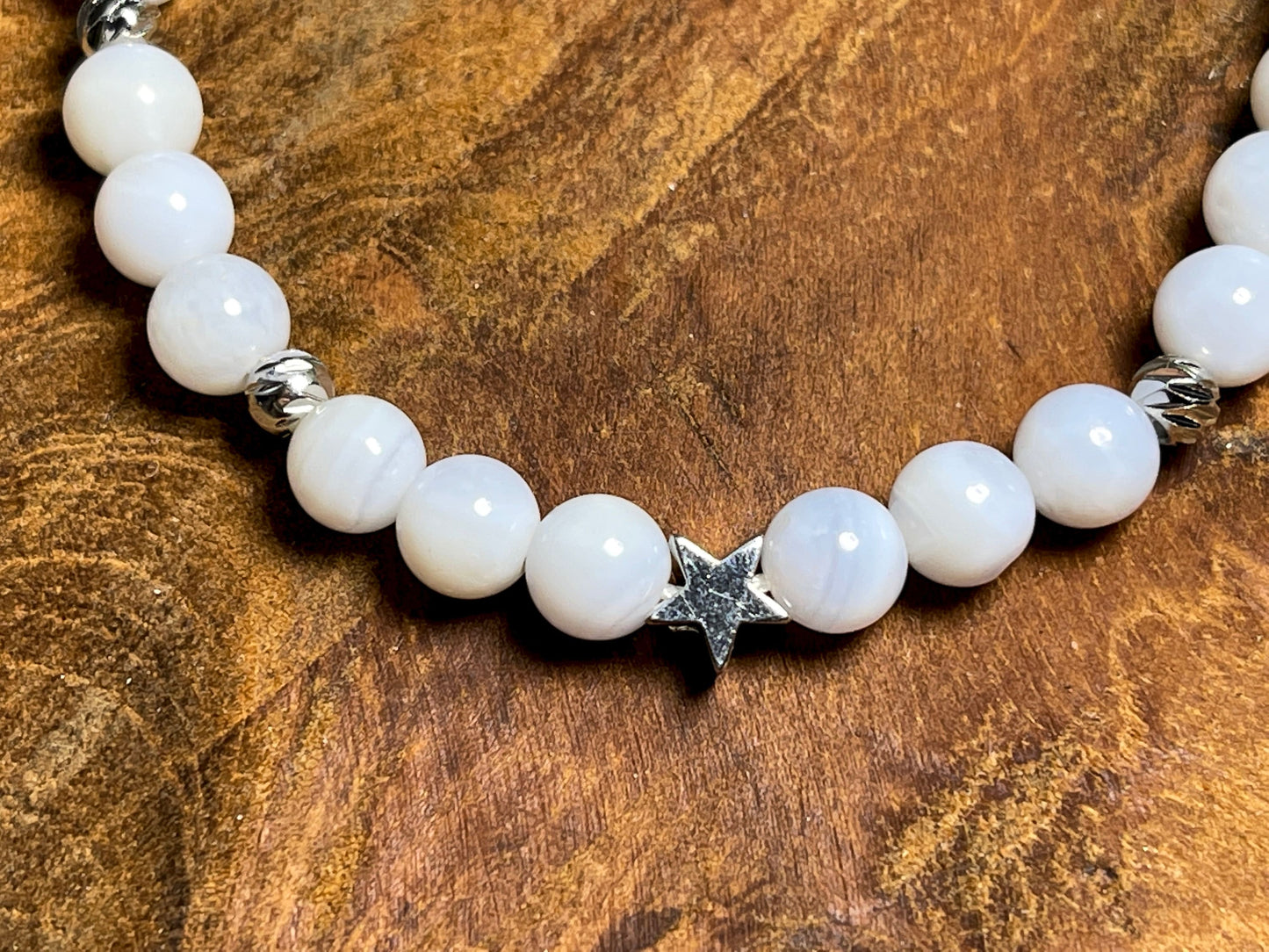 Perlenarmband Chalcedon Makramee Größen einstellbar - Stern Perle echt Platiniert - Perlenarmband Naturstein echt - personalisierbar