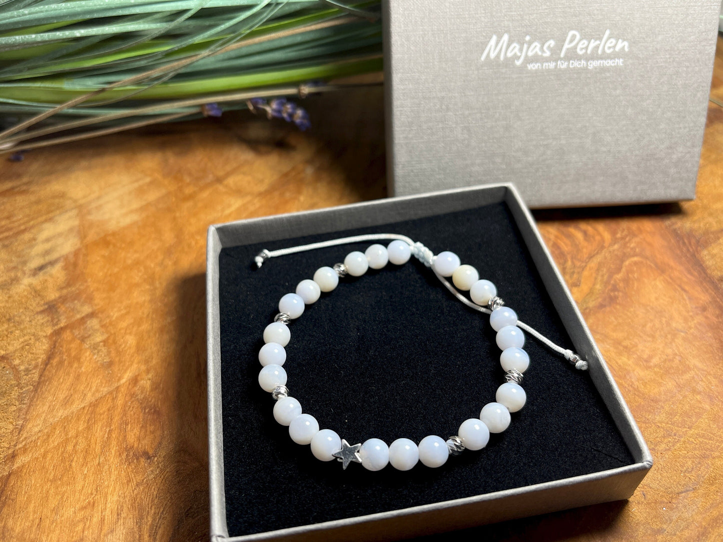 Perlenarmband Chalcedon Makramee Größen einstellbar - Stern Perle echt Platiniert - Perlenarmband Naturstein echt - personalisierbar