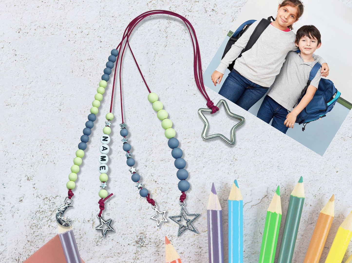 Rechenkette Junge Name Sterne Grün Grau mit Name wahlweise ABC - Geschenk Einschulung erster Schultag - Rechenhilfe bis 20 Grundschule