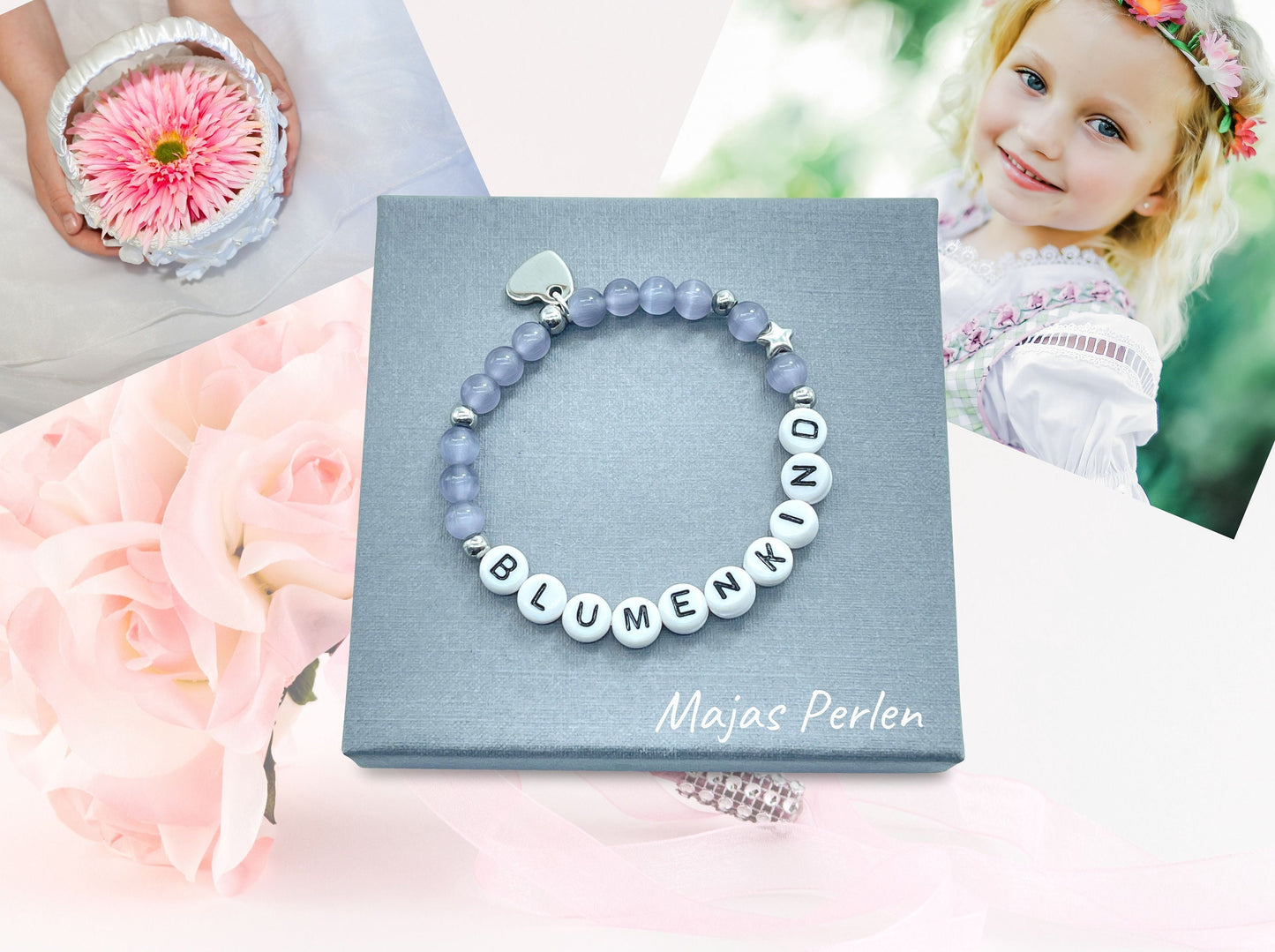 Perlenarmband Blumenkind- Cateyeperlen Flieder und Edelstahl - Farbe wählbar - Geschenk Blumenmädchen Kerzenkind Team Braut - viele Farben