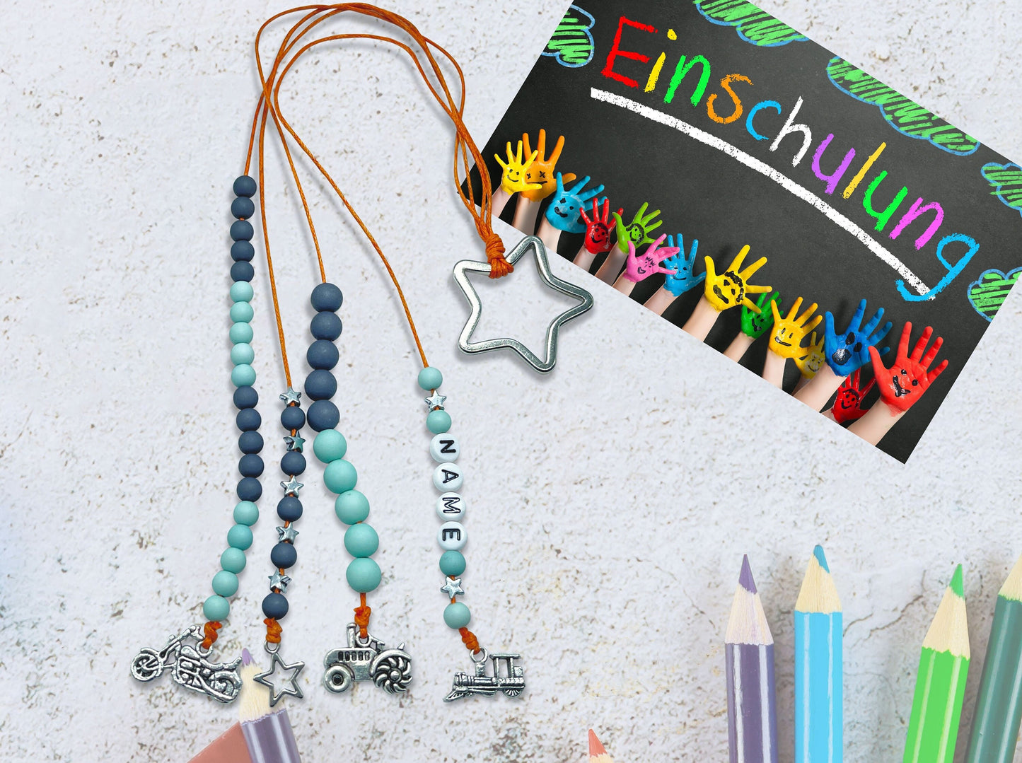 Rechenkette Junge Name Grau Türkis Fahrzeuge mit Name wahlweise ABC - Geschenk Einschulung erster Schultag - Rechenhilfe bis 20 Grundschule