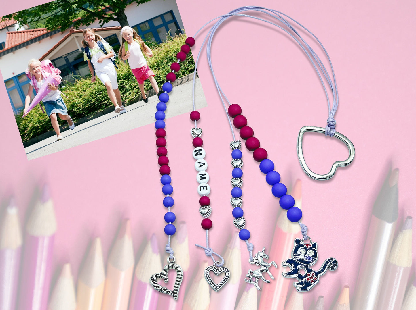 Rechenkette Mädchen Katze Lila Beere mit Name wahlweise ABC - Geschenk Einschulung erster Schultag - Rechenhilfe bis 20 Grundschule
