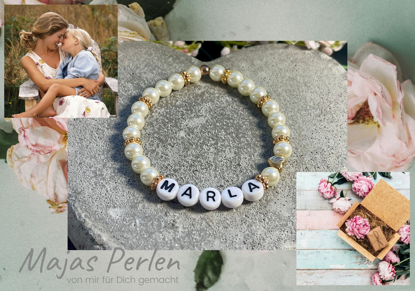 Perlenarmband mit Name - hochwertig gewachste Glasperlen Perlmuttimitat - Geschenk Mädchen Geburtstag Kinder Freundschaft Kinderarmband