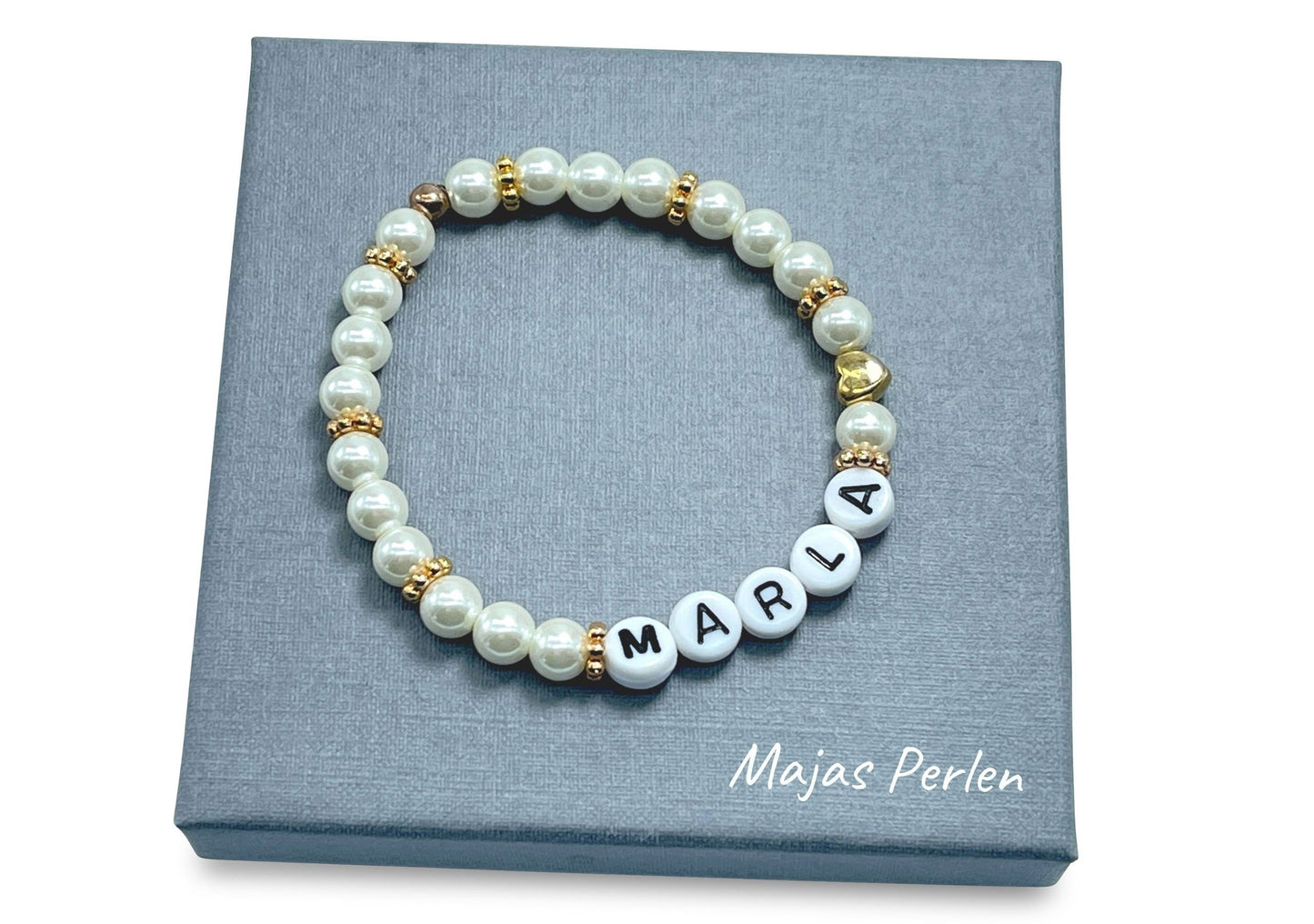 Perlenarmband mit Name - hochwertig gewachste Glasperlen Perlmuttimitat - Geschenk Mädchen Geburtstag Kinder Freundschaft Kinderarmband