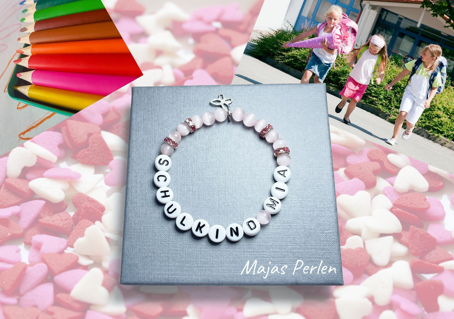Armband Schulkind Mädchen Cateyeperlen Strassrondelle Rosa - Geschenk erster Schultag Glücksbringer Armband Mädchen - Farbe wählbar