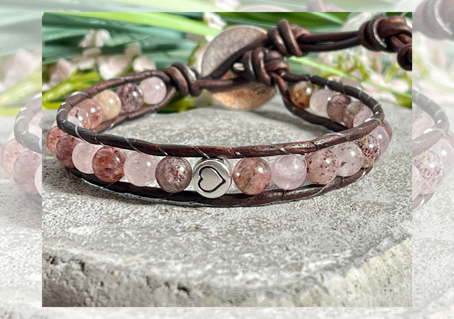 Perlenarmband gewickelt Erdbeerquarz DQ Herz und Leder - Wickelarmband Bohostil Vintage - Geschenk Mama Liebe Geburtstag - Wunschedelstein