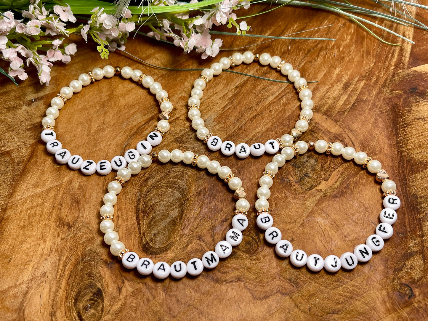 Perlenarmband Brauttochter hochwertig gewachste Glasperlen Perlmuttimitat Rosègold - Erinnerungsarmband Team Braut Blumenkind diverse Farben