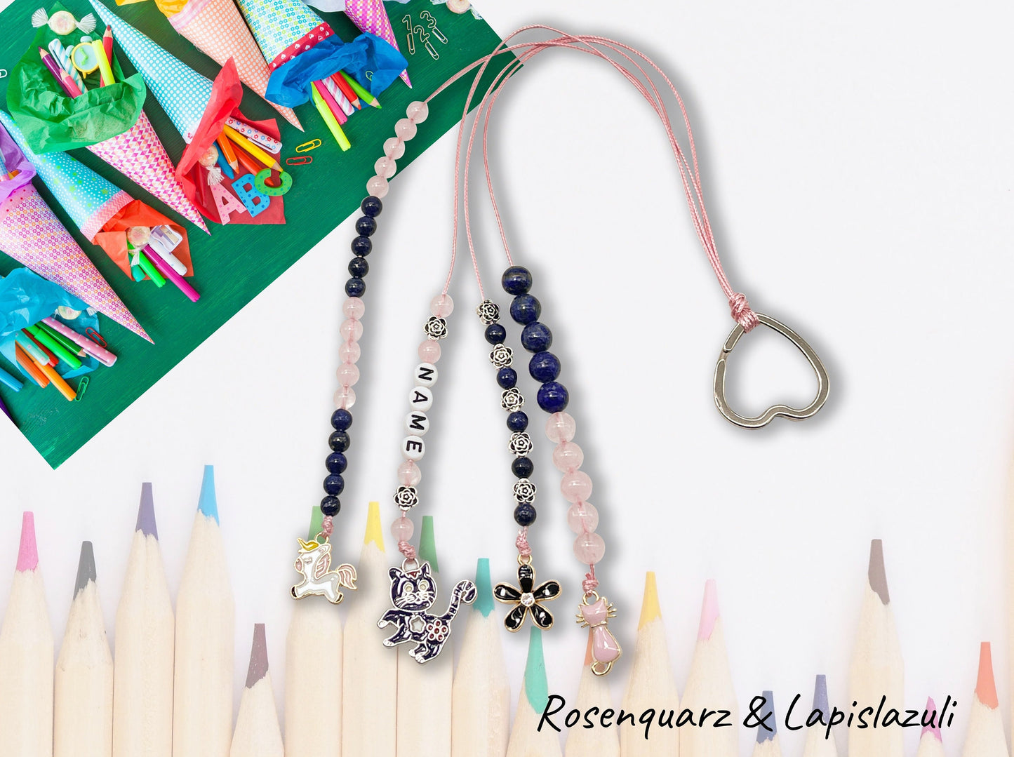 Rechenkette Mädchen Edelsteine Rosenquarz Lapislazuli mit Name wahlweise ABC - Geschenk Einschulung erster Schultag - Rechenhilfe bis 20