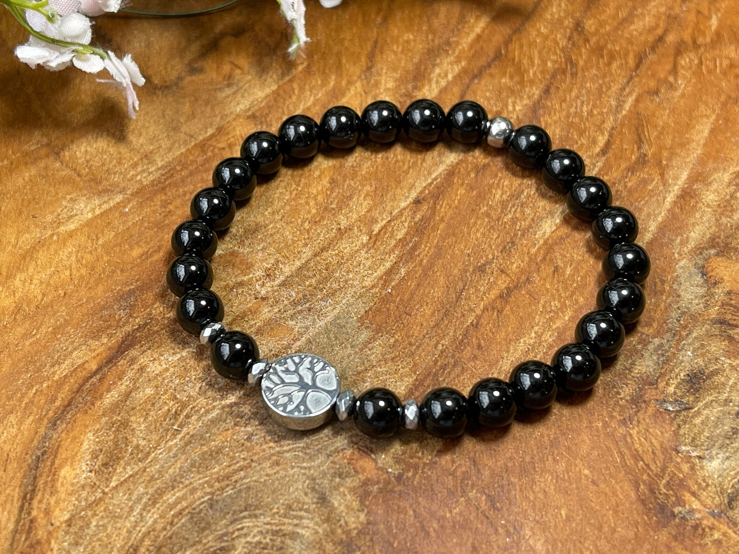 Perlen Turmalin Armband Perlen echt 6mm Lebensbaum Hämatit Silber - Handmade Perlenarmband schwarz für Schutz Kraft und Stärke - unisex