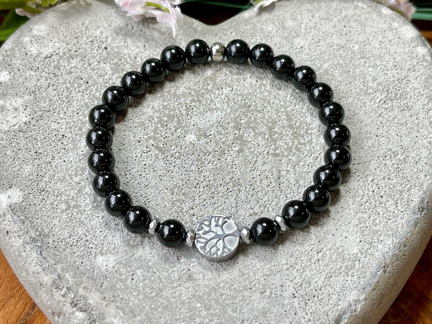 Perlen Turmalin Armband Perlen echt 6mm Lebensbaum Hämatit Silber - Handmade Perlenarmband schwarz für Schutz Kraft und Stärke - unisex