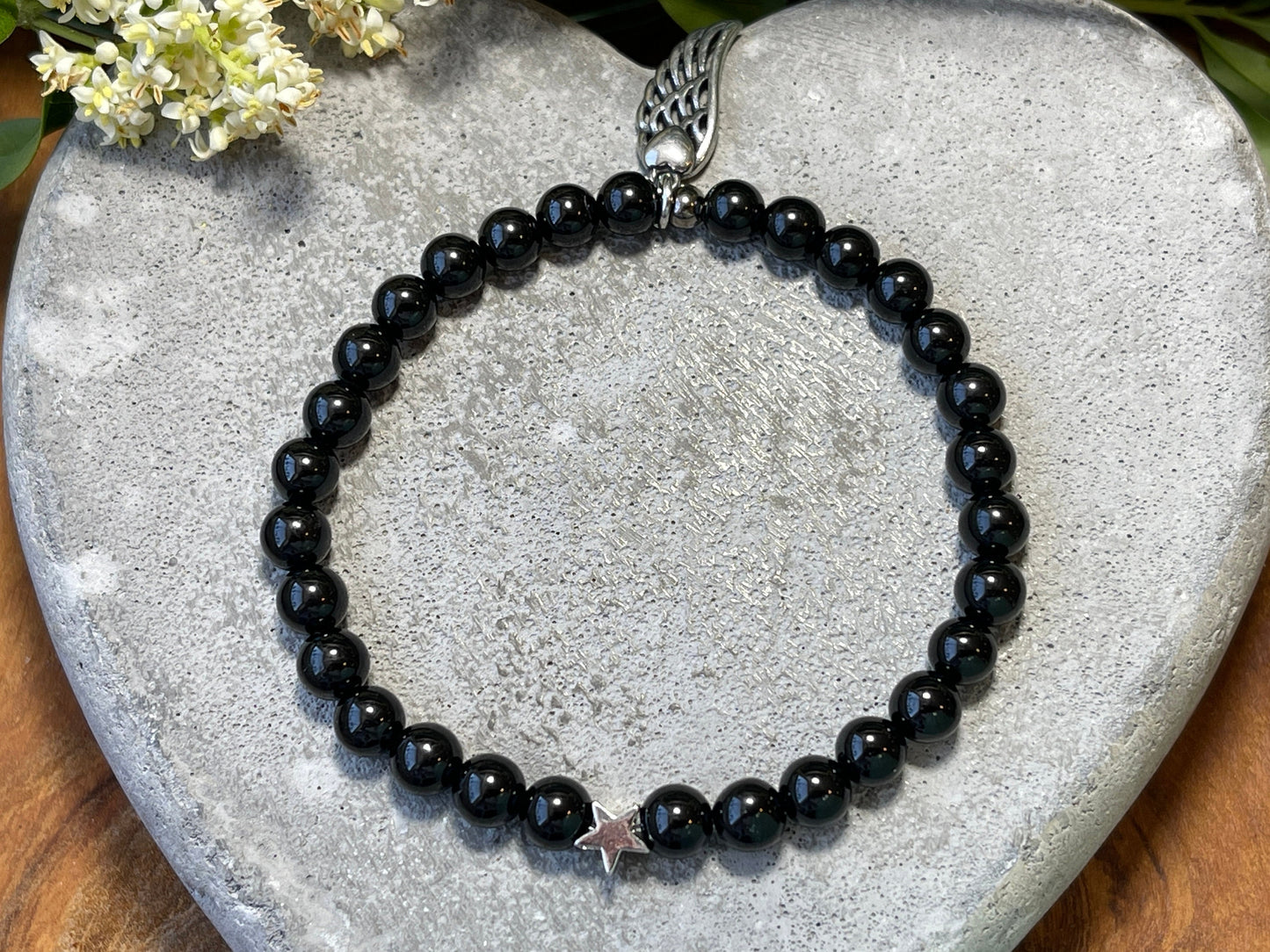 Armband Turmalin echt Stern echt Platiniert - Schutzstein Perlenarmband - Geschenk Schutz Liebe Glück - individualisierbar