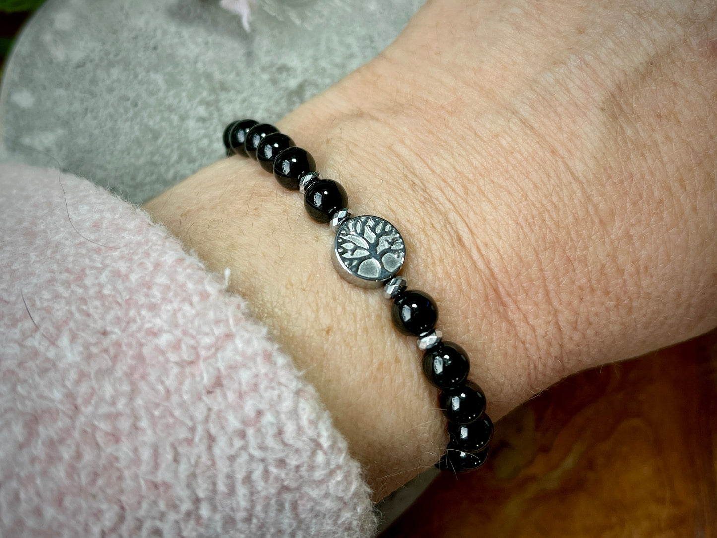 Perlen Turmalin Armband Perlen echt 6mm Lebensbaum Hämatit Silber - Handmade Perlenarmband schwarz für Schutz Kraft und Stärke - unisex
