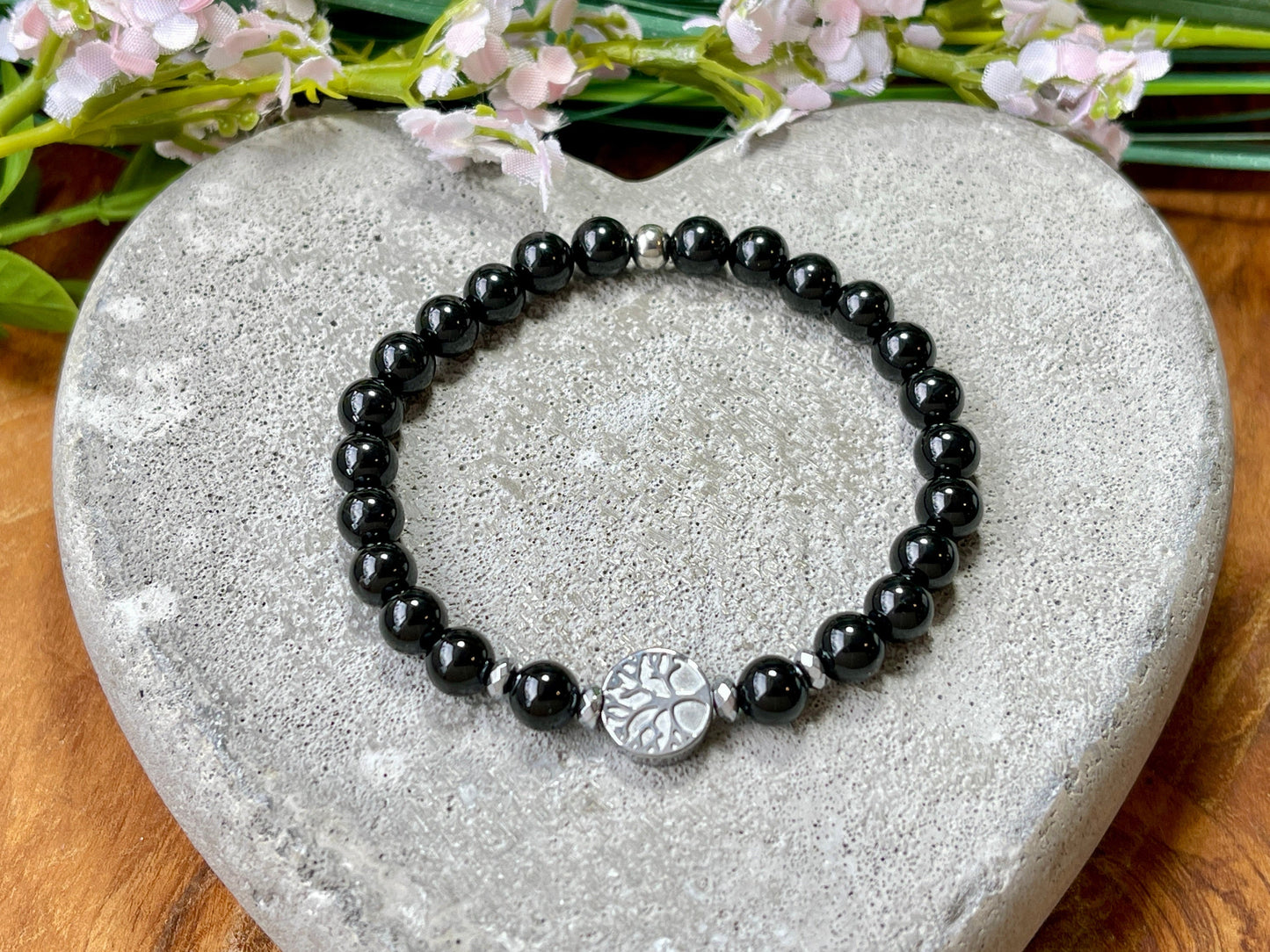 Perlen Turmalin Armband Perlen echt 6mm Lebensbaum Hämatit Silber - Handmade Perlenarmband schwarz für Schutz Kraft und Stärke - unisex