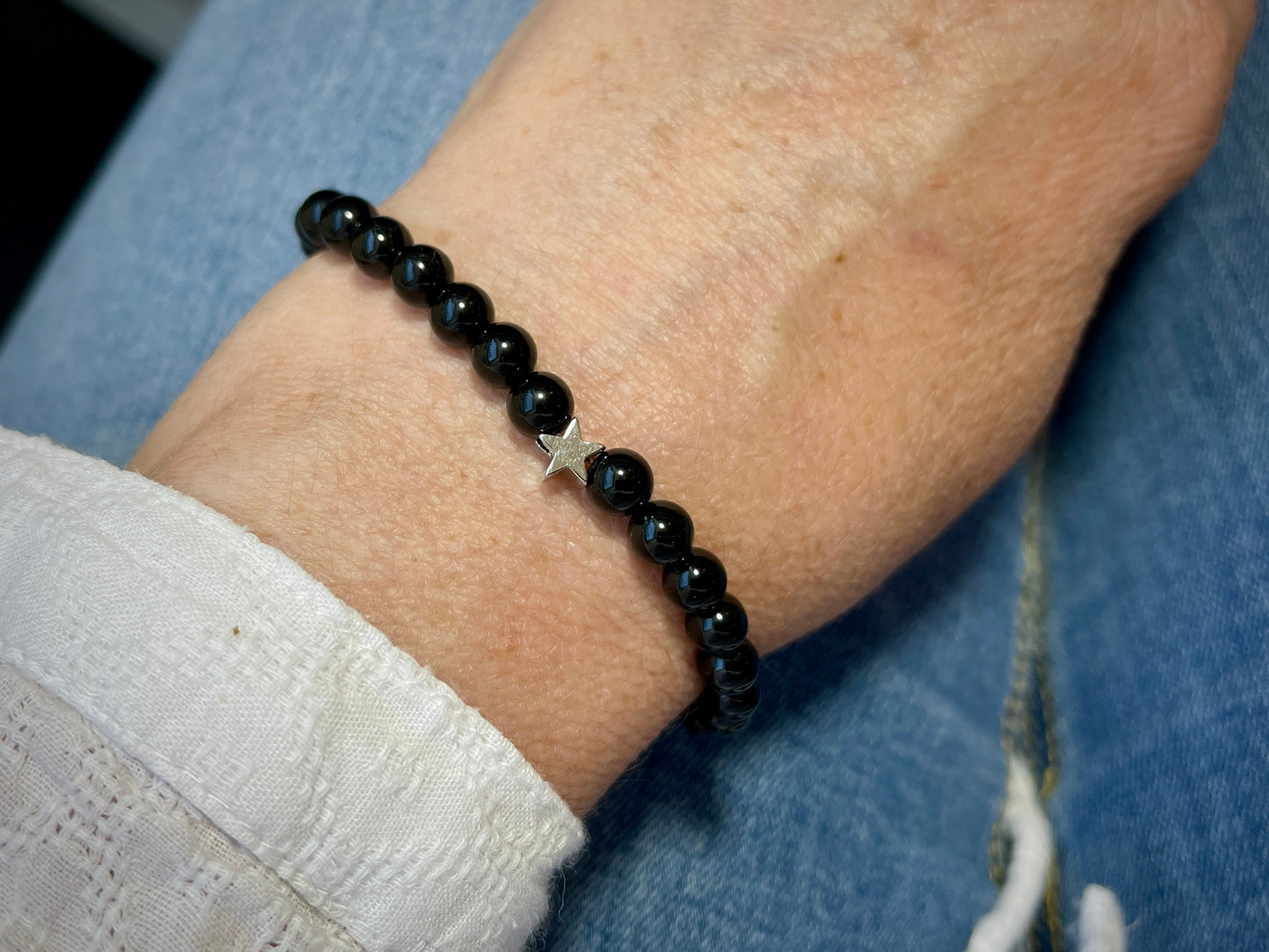 Armband Turmalin echt Stern echt Platiniert - Schutzstein Perlenarmband - Geschenk Schutz Liebe Glück - individualisierbar