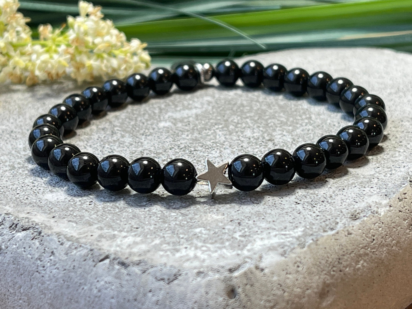 Armband Turmalin echt Stern echt Platiniert - Schutzstein Perlenarmband - Geschenk Schutz Liebe Glück - individualisierbar