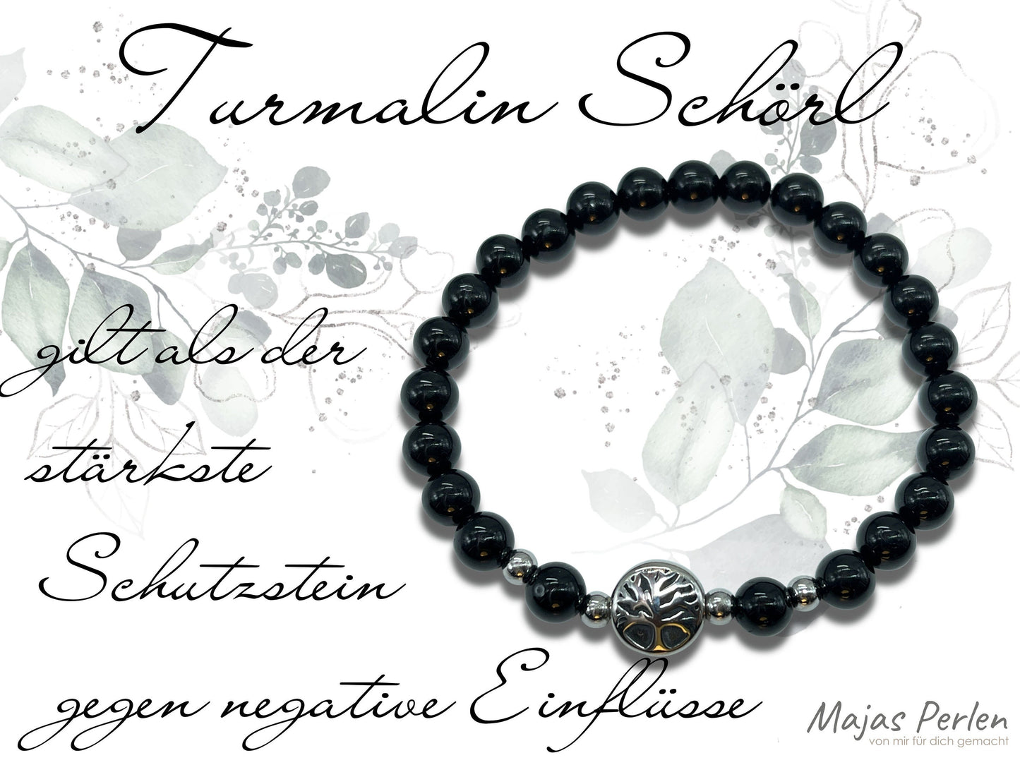Armband Turmalin Schörl Lebensbaum Edelstahl Silber oder Gold - Perlenarmband für Schutz Kraft Stärke - Spiritueller Schmuck