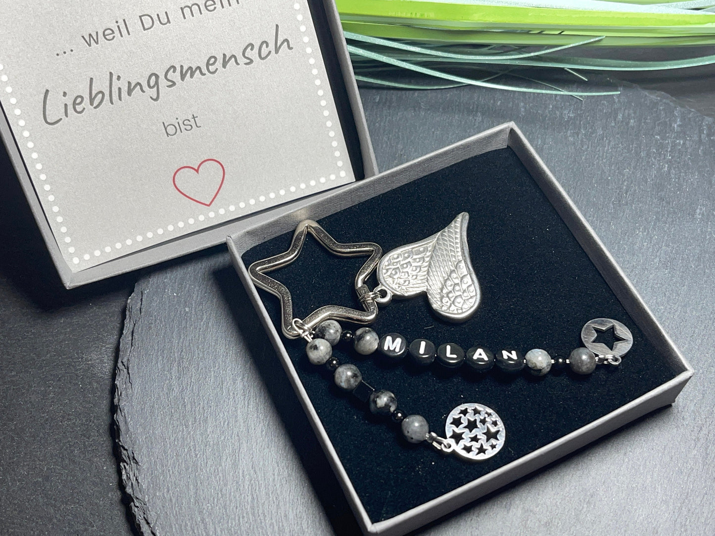 Schlüsselanhänger Edelstein Perlen echt bis 5 Namen Labradorit Edelstahl - Geschenk Mama Oma Liebe Papa Lieblingsmensch - personalisierbar