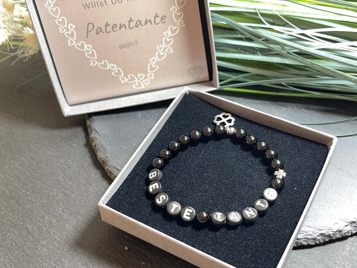 Armband schwarzer Turmalin Beste Tante - Geschenk Patenschaft Taufpatin Taufgeschenk - Willst du meine Patentante sein - personalisierbar