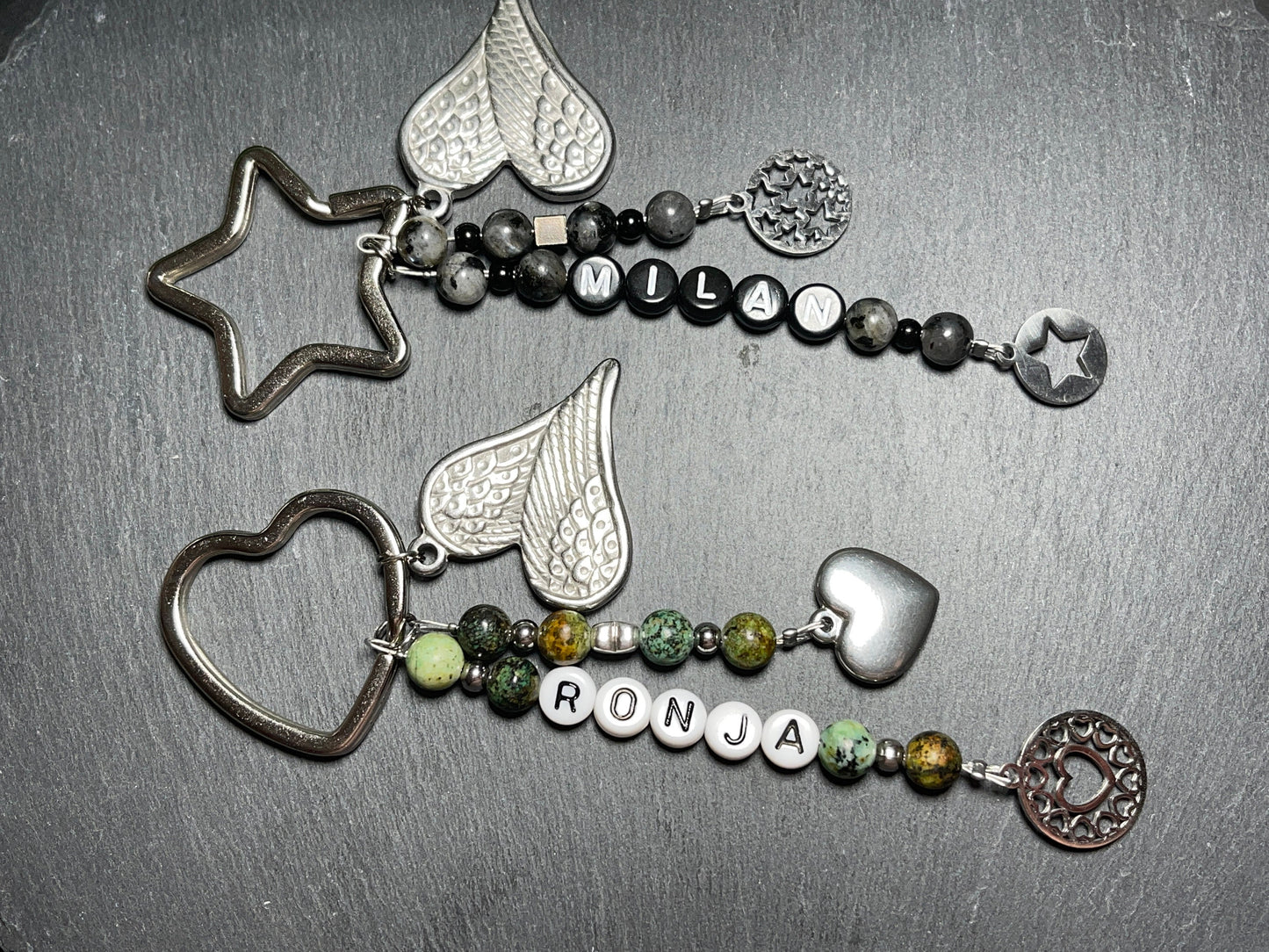 Schlüsselanhänger Edelstein Perlen echt bis 5 Namen Labradorit Edelstahl - Geschenk Mama Oma Liebe Papa Lieblingsmensch - personalisierbar