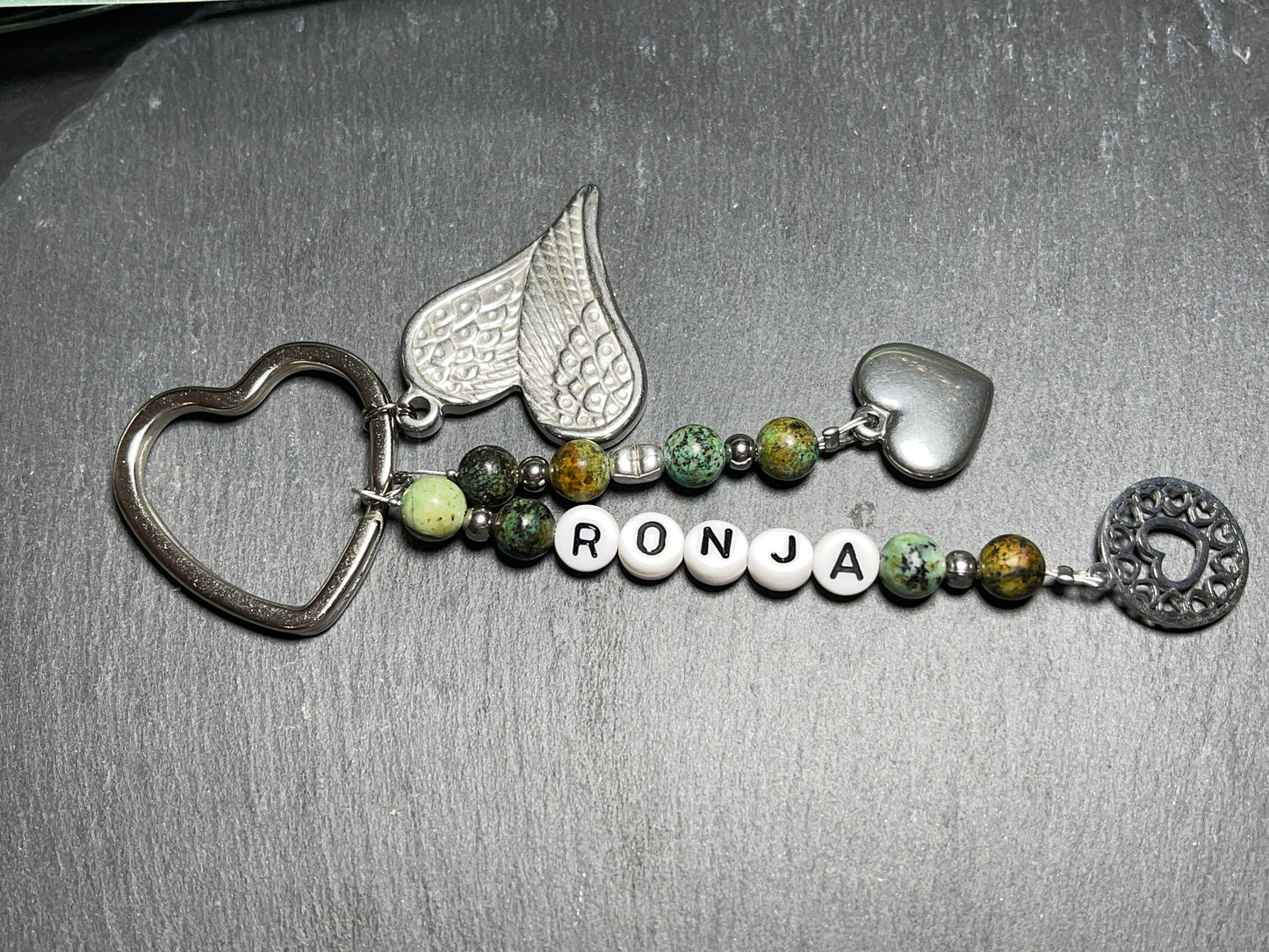 Schlüsselanhänger Edelstein Perlen echt bis 5 Namen Labradorit Edelstahl - Geschenk Mama Oma Liebe Papa Lieblingsmensch - personalisierbar