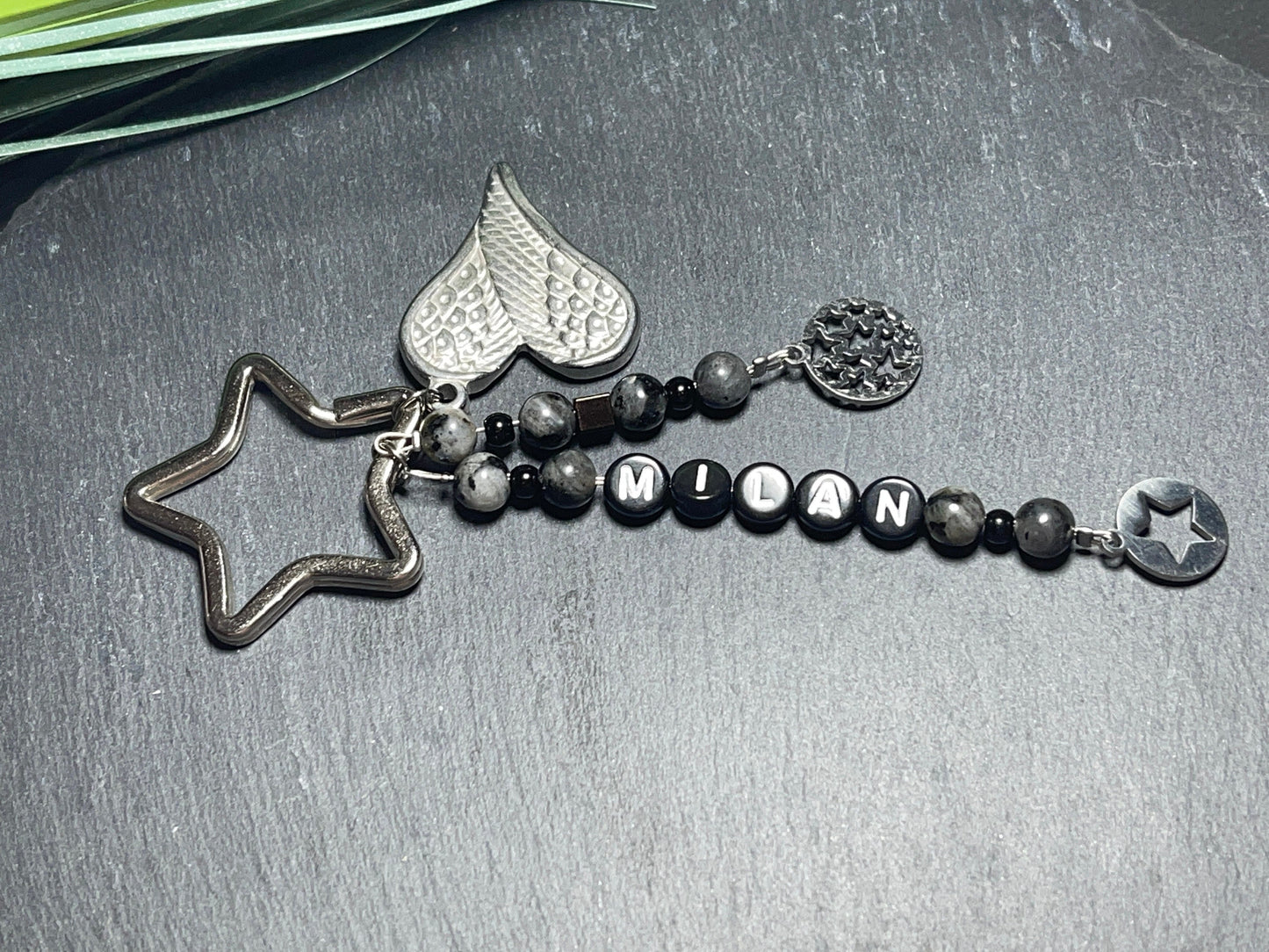 Schlüsselanhänger Edelstein Perlen echt bis 5 Namen Labradorit Edelstahl - Geschenk Mama Oma Liebe Papa Lieblingsmensch - personalisierbar