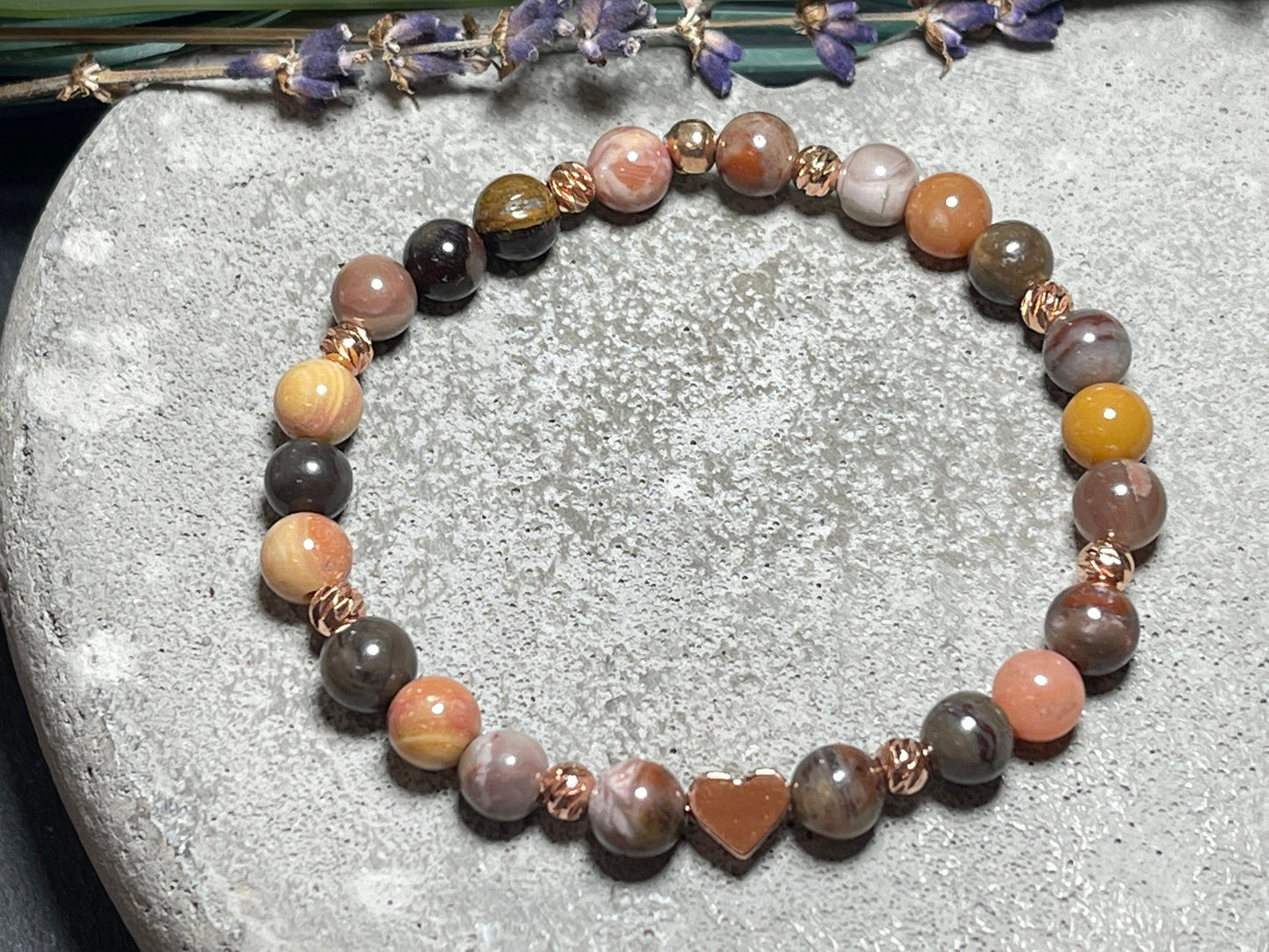 Armband Versteinertes Holz echt 6mm Roségold plated - spirituelles Armband Erdverbundenheit positive Energie - Geschenk Liebe Glück Freundin