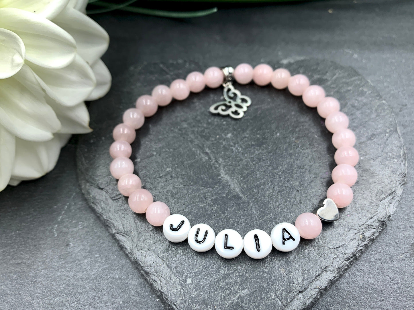 Armband mit Namen Achat altrosa Herz Platiniert - Geschenk Geburt Andenken Freundschaft Kinderarmband Mama personalisierbar Wunschedelstein