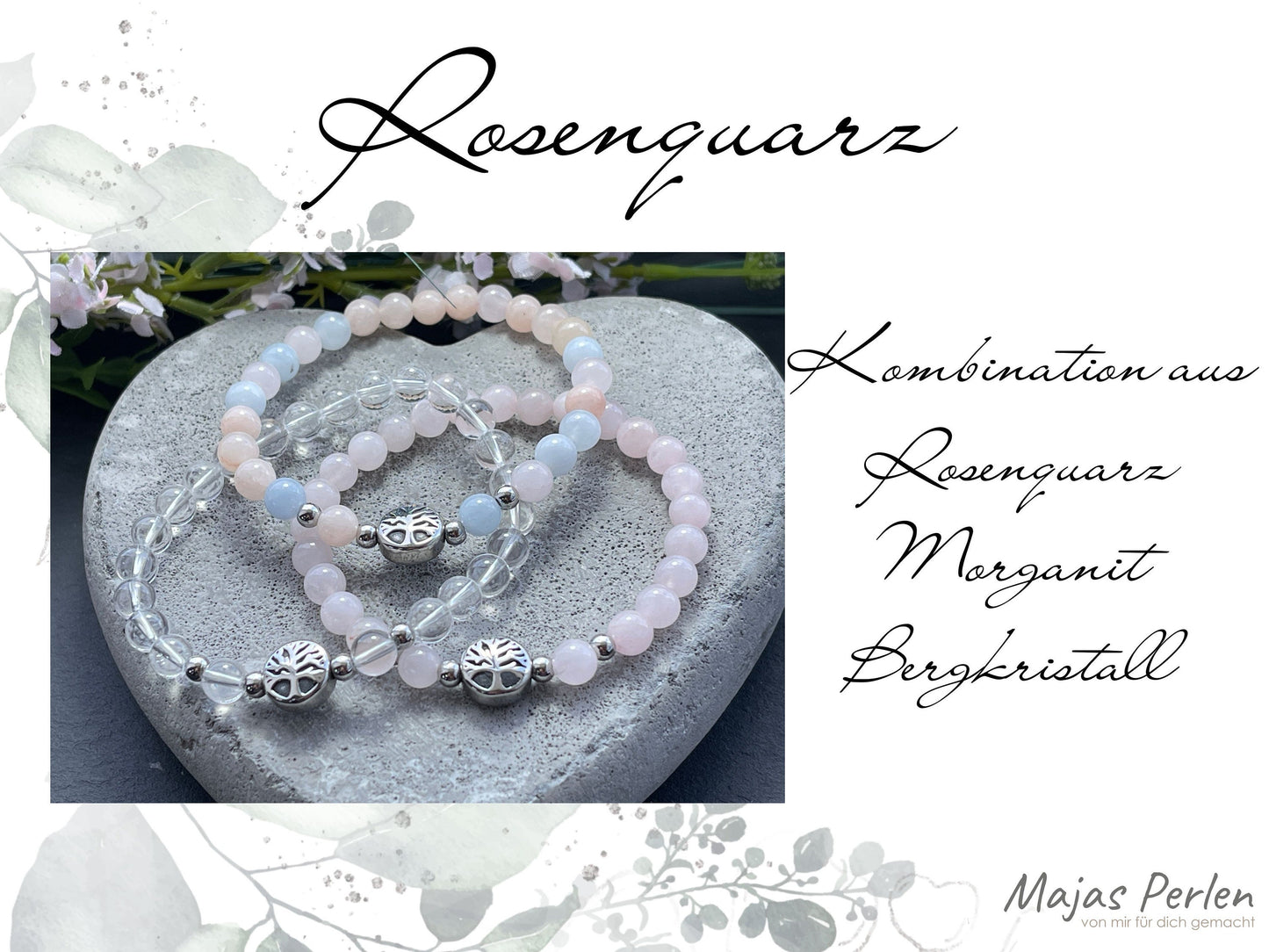 Armband Rosenquarz Lebensbaum Edelstahl Silber oder Gold - Perlenarmband für Liebe Romantik Freundschaft - Spiritueller Schmuck