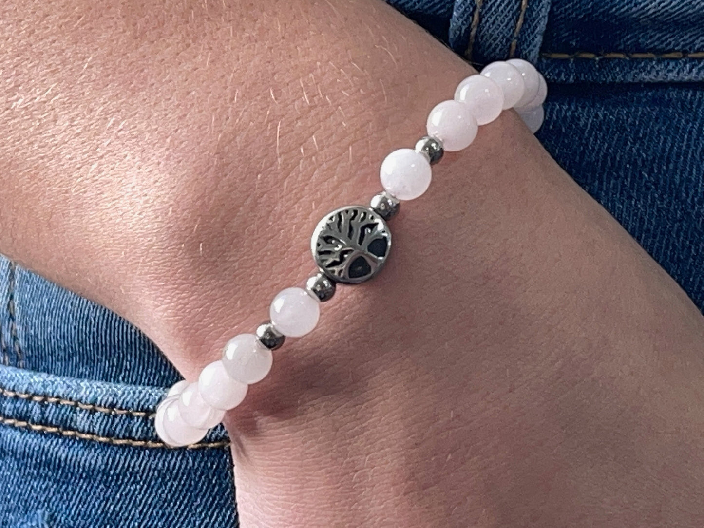 Armband Rosenquarz Lebensbaum Edelstahl Silber oder Gold - Perlenarmband für Liebe Romantik Freundschaft - Spiritueller Schmuck