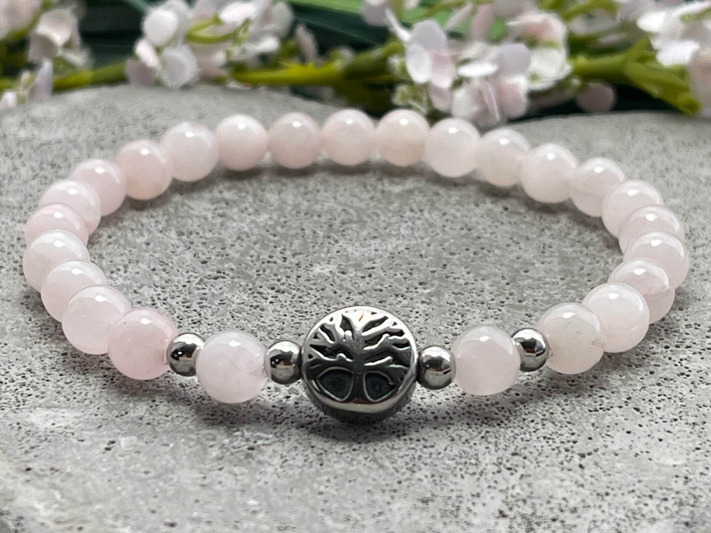 Armband Rosenquarz Lebensbaum Edelstahl Silber oder Gold - Perlenarmband für Liebe Romantik Freundschaft - Spiritueller Schmuck