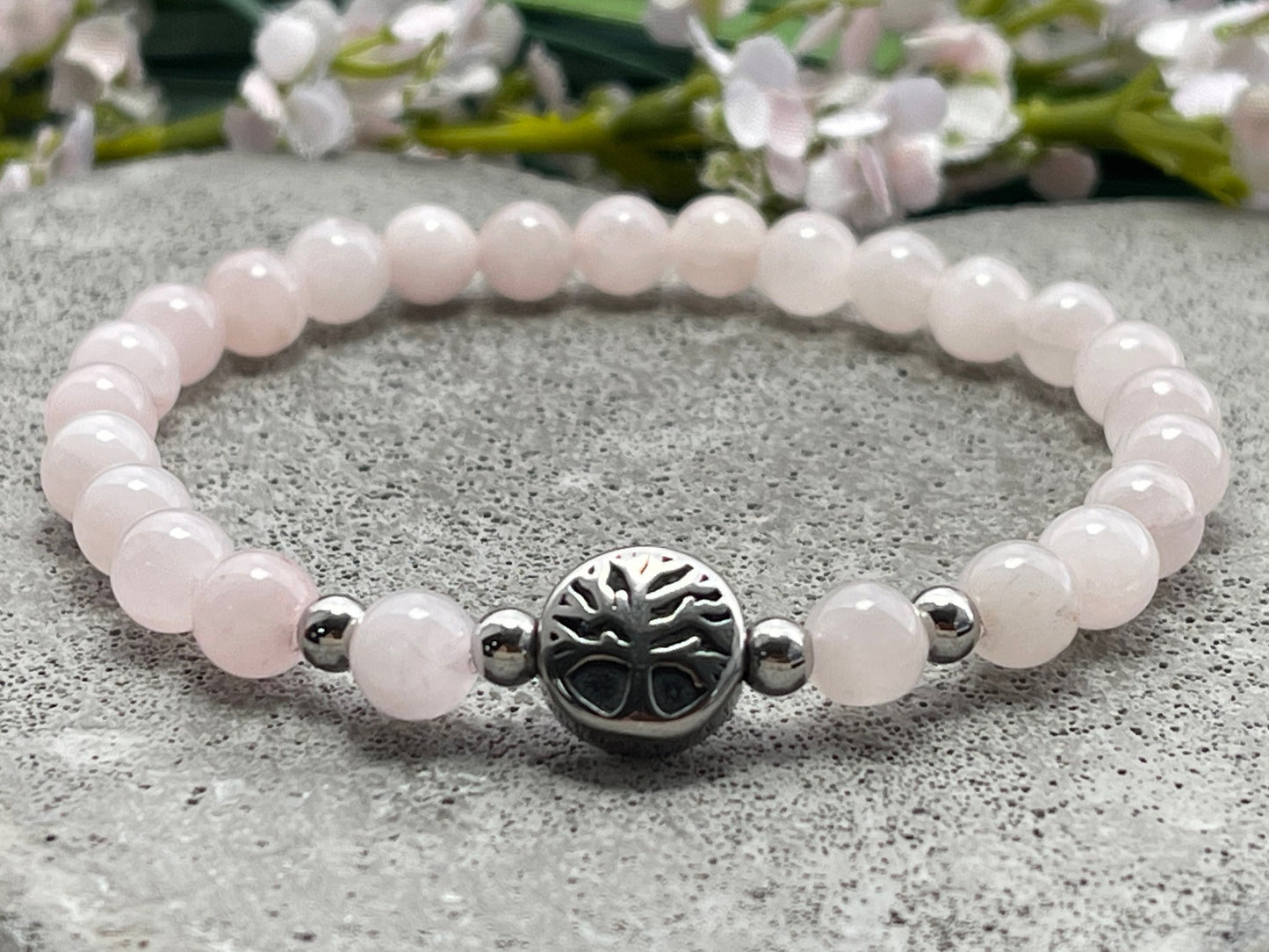 Armband Rosenquarz Lebensbaum Edelstahl Silber oder Gold - Perlenarmband für Liebe Romantik Freundschaft - Spiritueller Schmuck