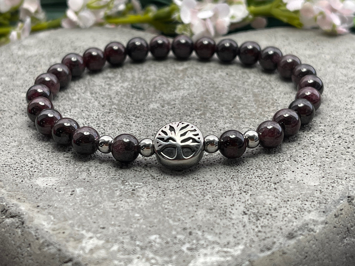 Armband Granat Lebensbaum Edelstahl Silber oder Gold- Perlenarmband für Kreativität Vertrauen Freundschaft - Spiritueller Schmuck