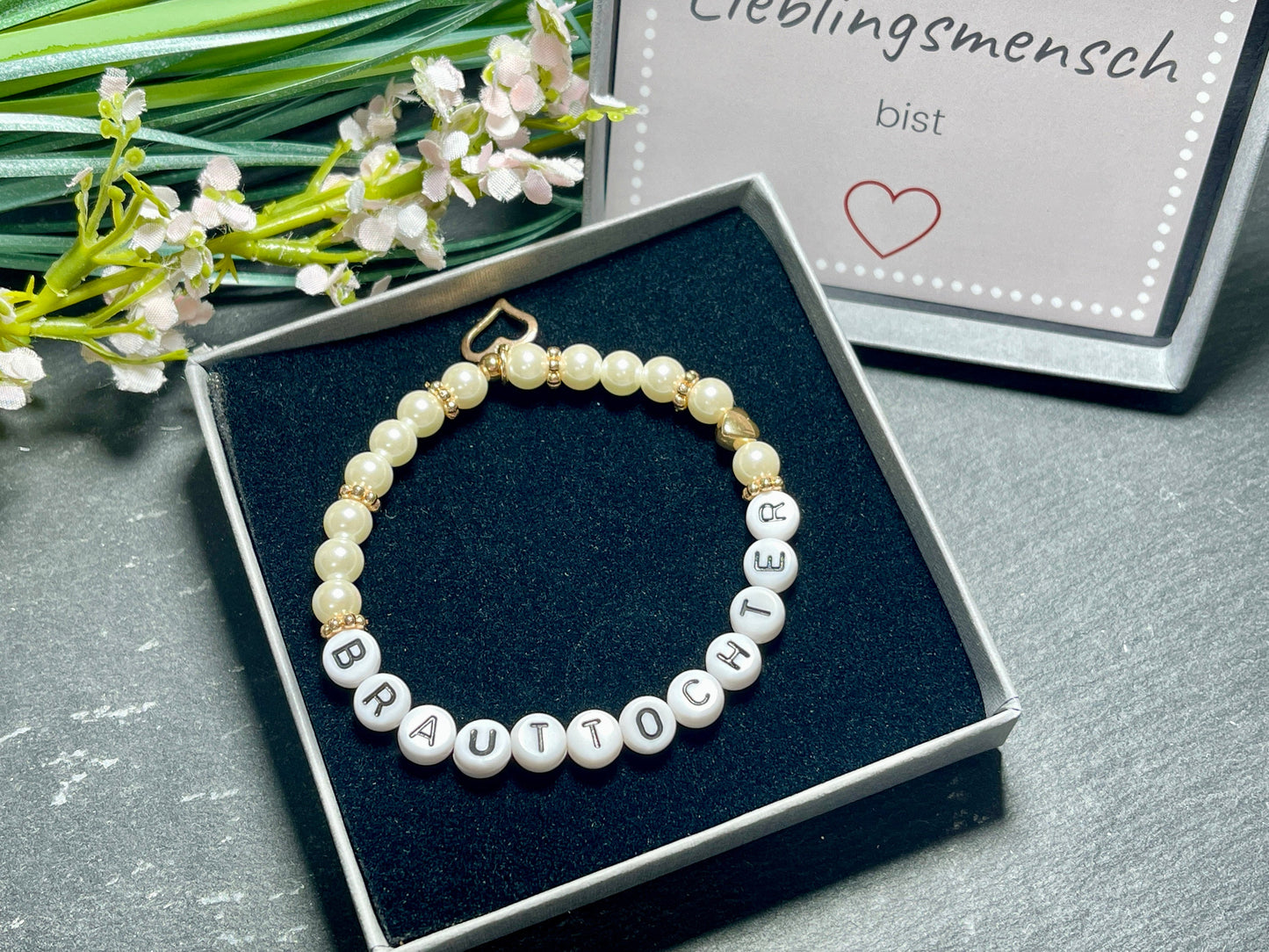 Perlenarmband Brauttochter hochwertig gewachste Glasperlen Perlmuttimitat Rosègold - Erinnerungsarmband Team Braut Blumenkind diverse Farben