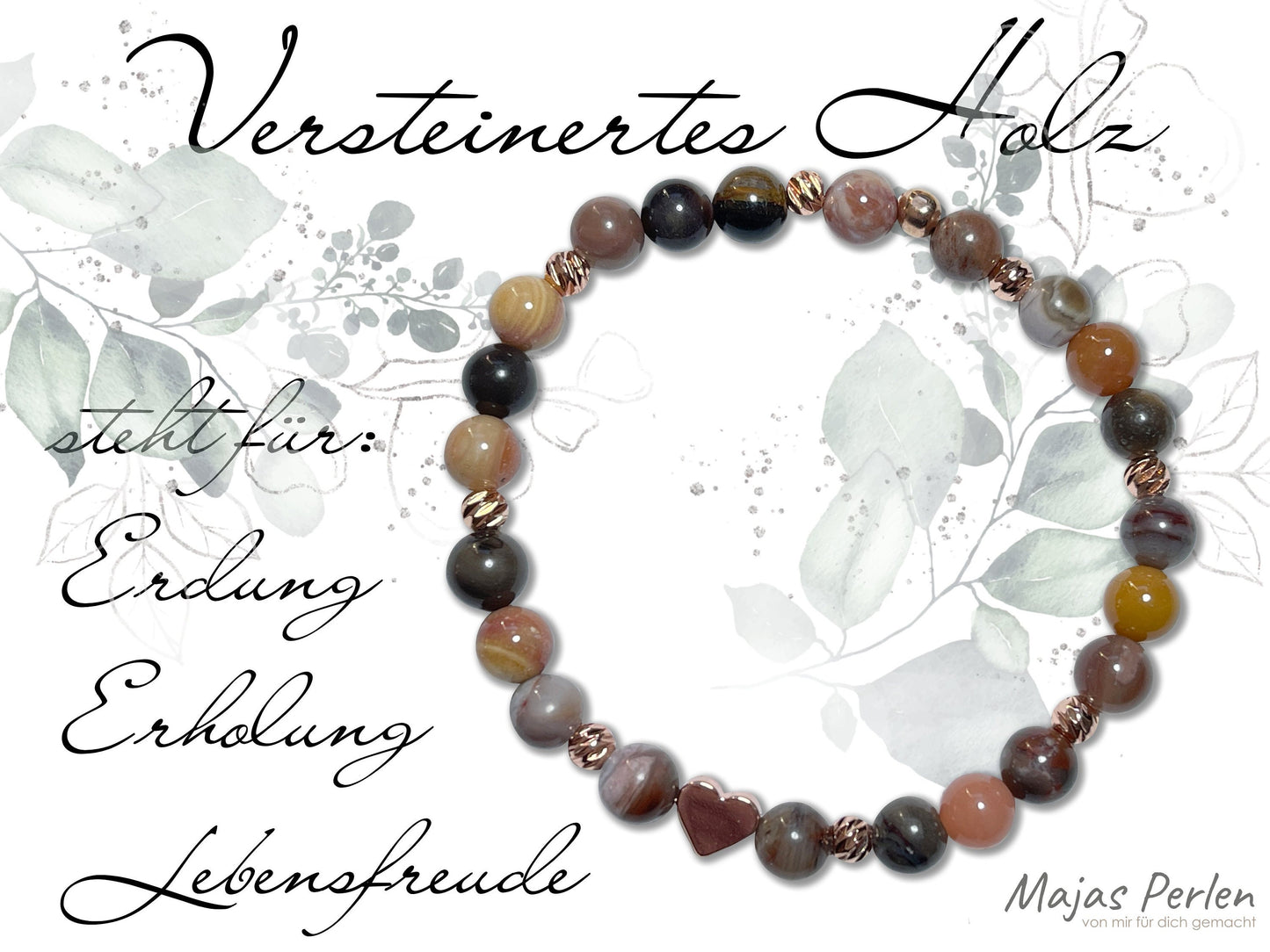 Armband Versteinertes Holz echt 6mm Roségold plated - spirituelles Armband Erdverbundenheit positive Energie - Geschenk Liebe Glück Freundin