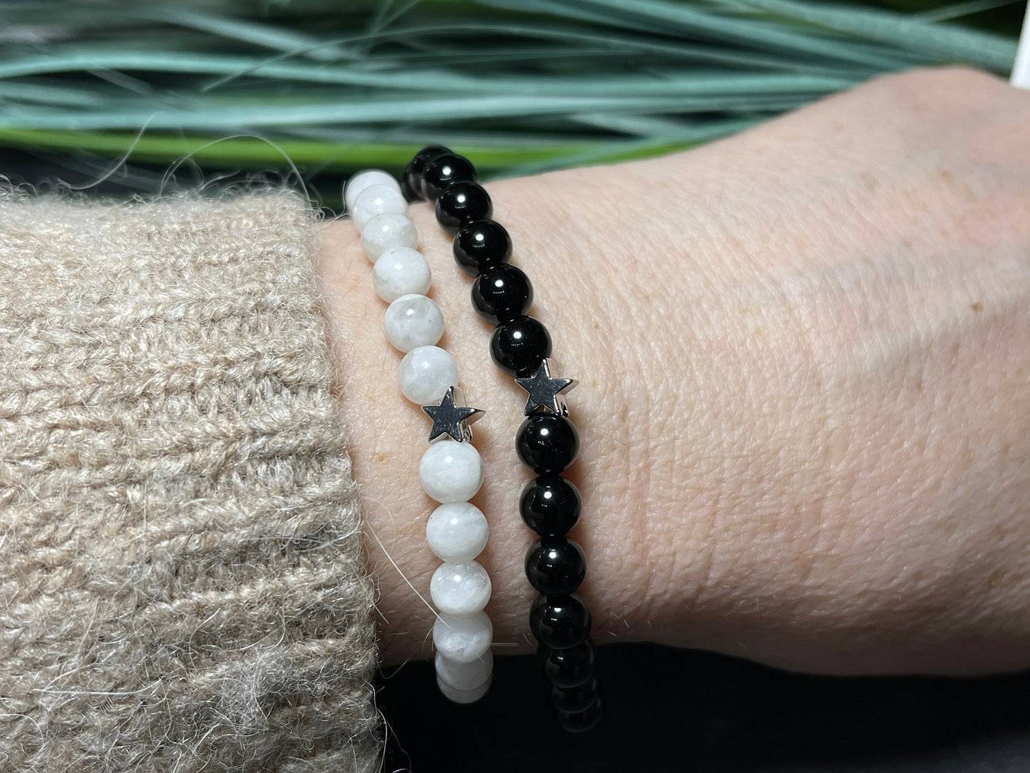 Perlenarmband Mondstein echt Stern platiniert - echte Natursteine - Geschenk Mama Liebe Freundin Lieblingsmensch - personalisierbar