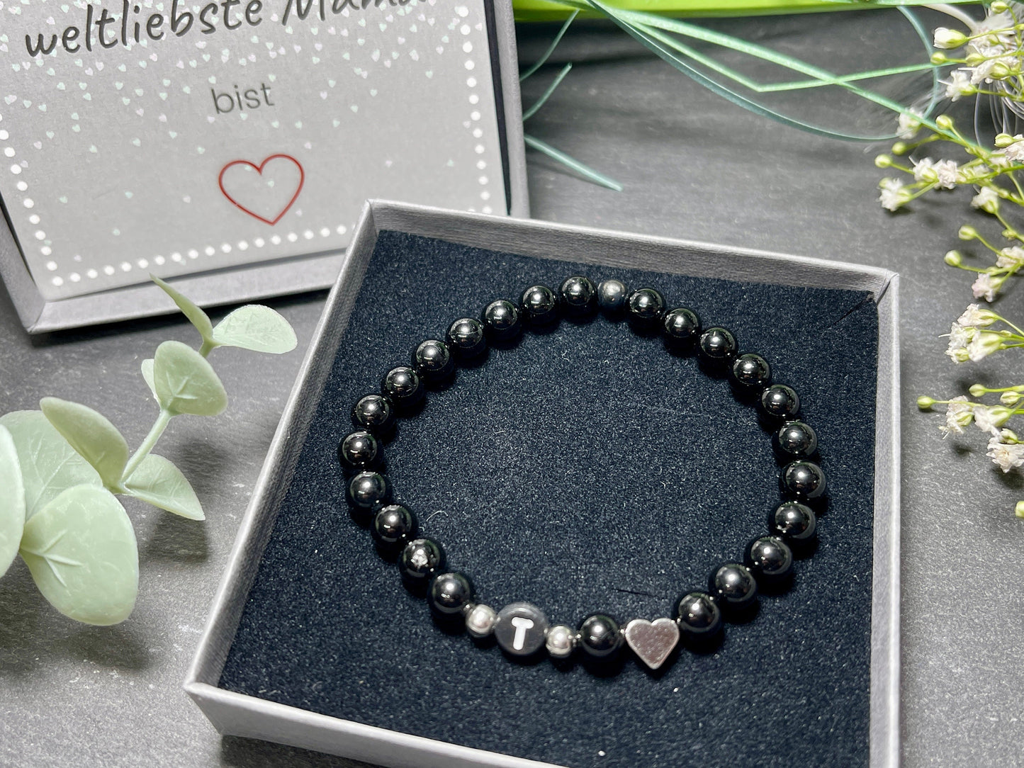 Perlenrmband Initialen Turmalin echte Naturperlen Herz echt Platiniert - Namensarmband Geschenk Liebe Mama Lieblingsmensch - div Edelsteine