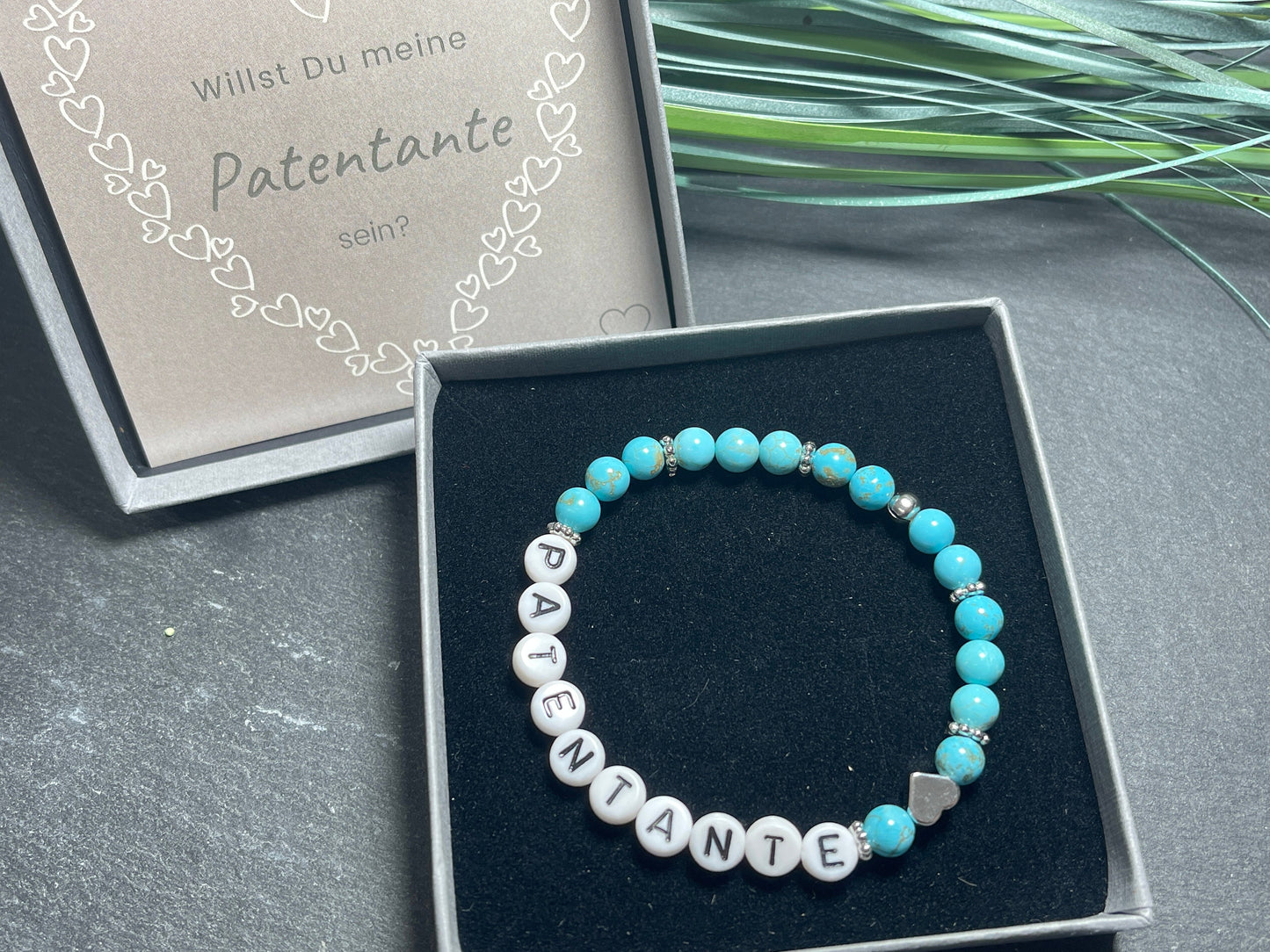Armband Türkis Patentante Herz Messsing Platininiert Geschenk Patenschaft, Willst du meine Patin sein? Wunschedelstein Taufgeschenk Andenken