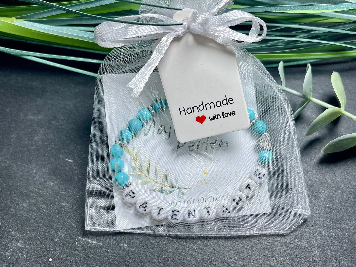 Armband Türkis Patentante Herz Messsing Platininiert Geschenk Patenschaft, Willst du meine Patin sein? Wunschedelstein Taufgeschenk Andenken