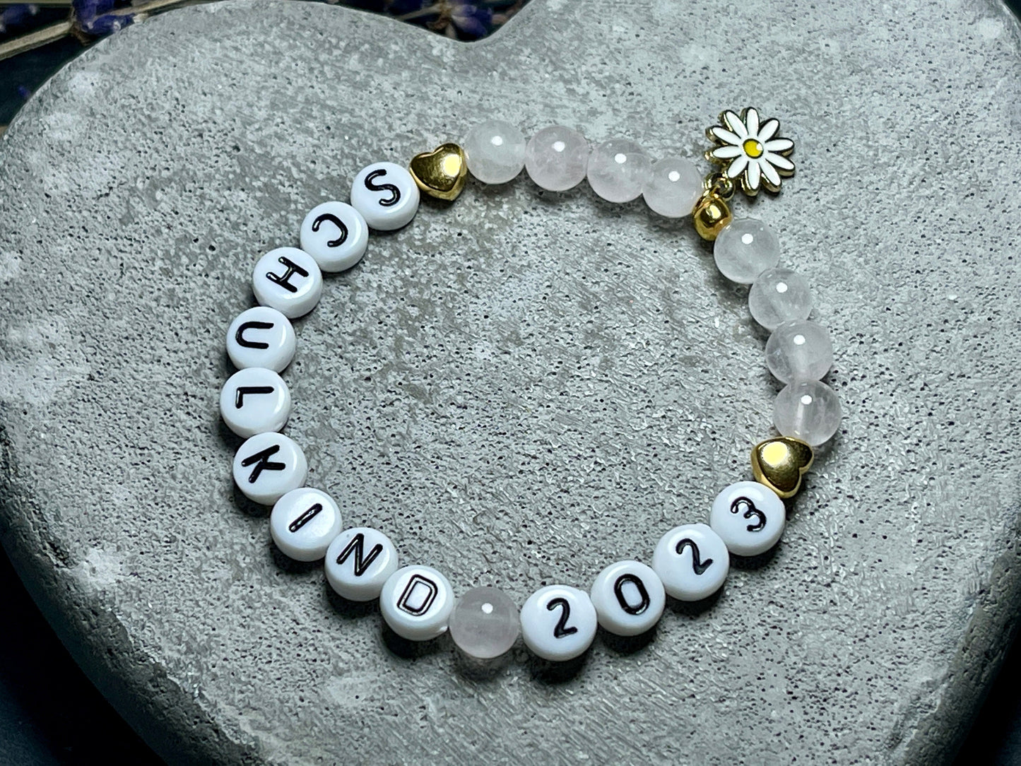 Perlenarmband Schulkind Rosenquarz Gold - Glücksbringer Armband erster Schultag Mädchen Einschulung - viele Edelsteine - personalisierbar